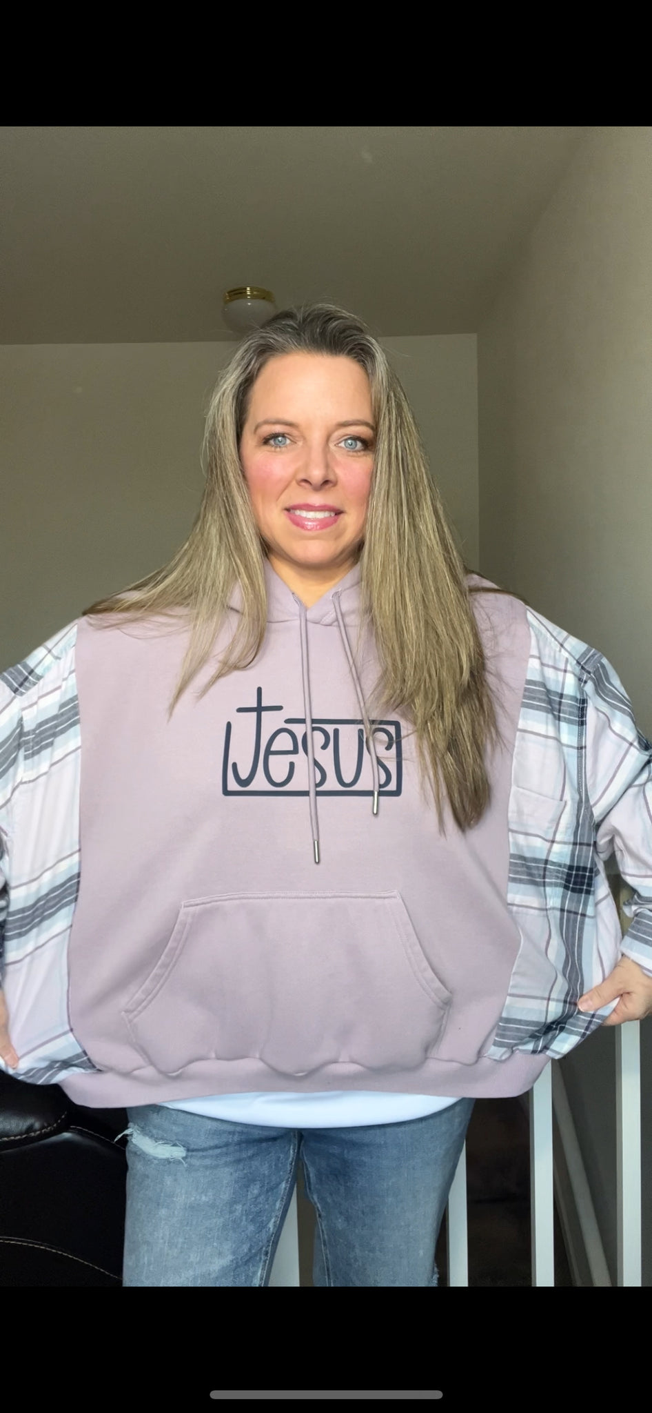 Upcycled Jesus - women’s medium – midweight sweatshirt with thin flannel sleeves ￼