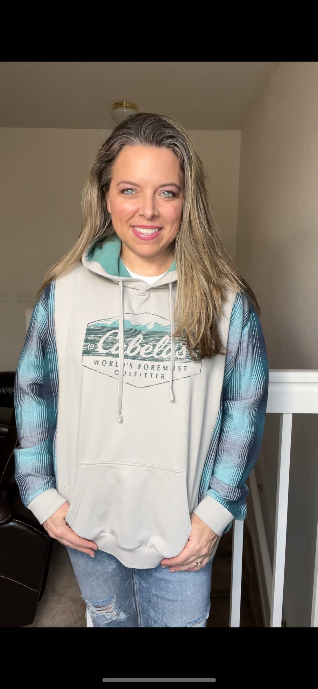 Upcycled Cabela’s – women’s XL – midweight sweatshirt with flannel sleeves – sleeves slightly tighter￼ on forearm