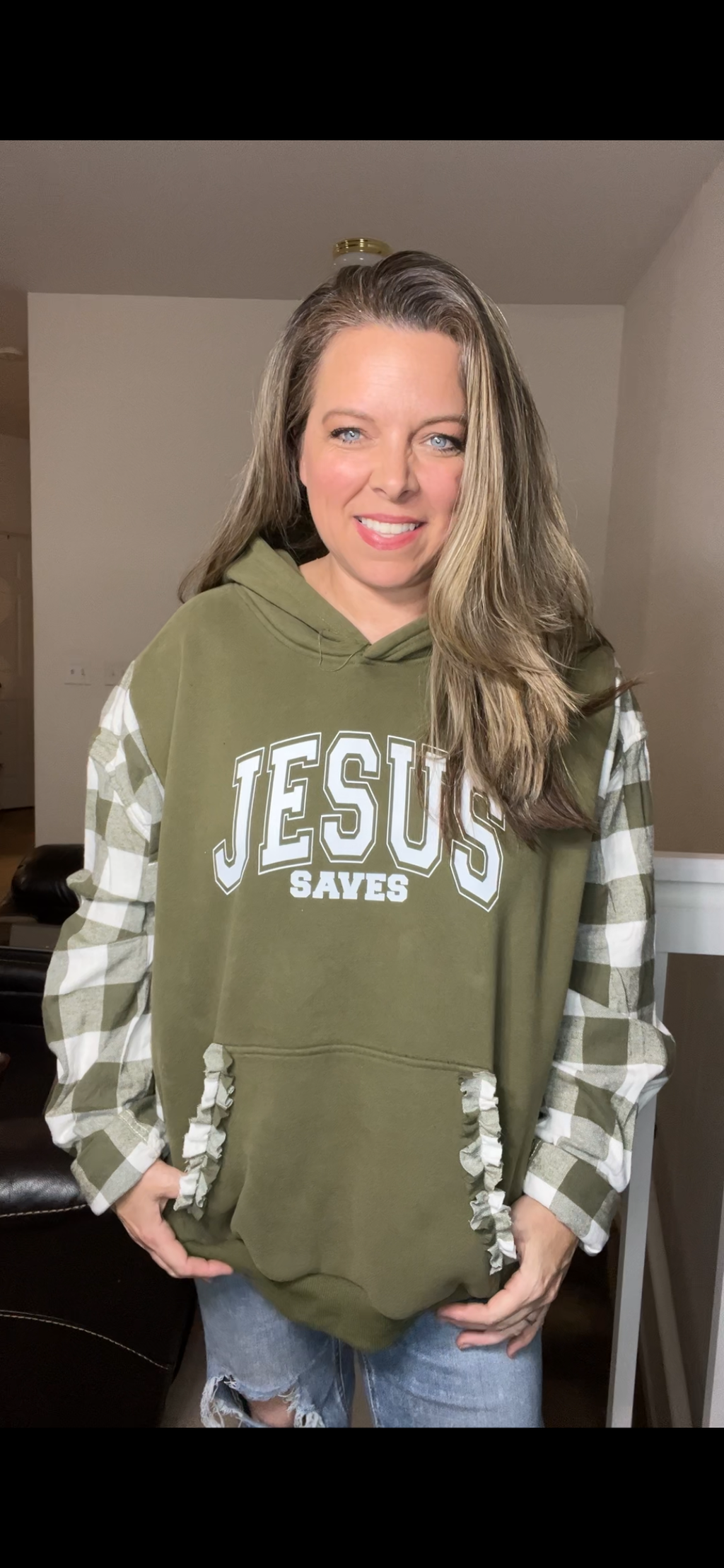 Upcycled Jesus saves – women’s 2X short thick, soft sweatshirt with flannel sleeves