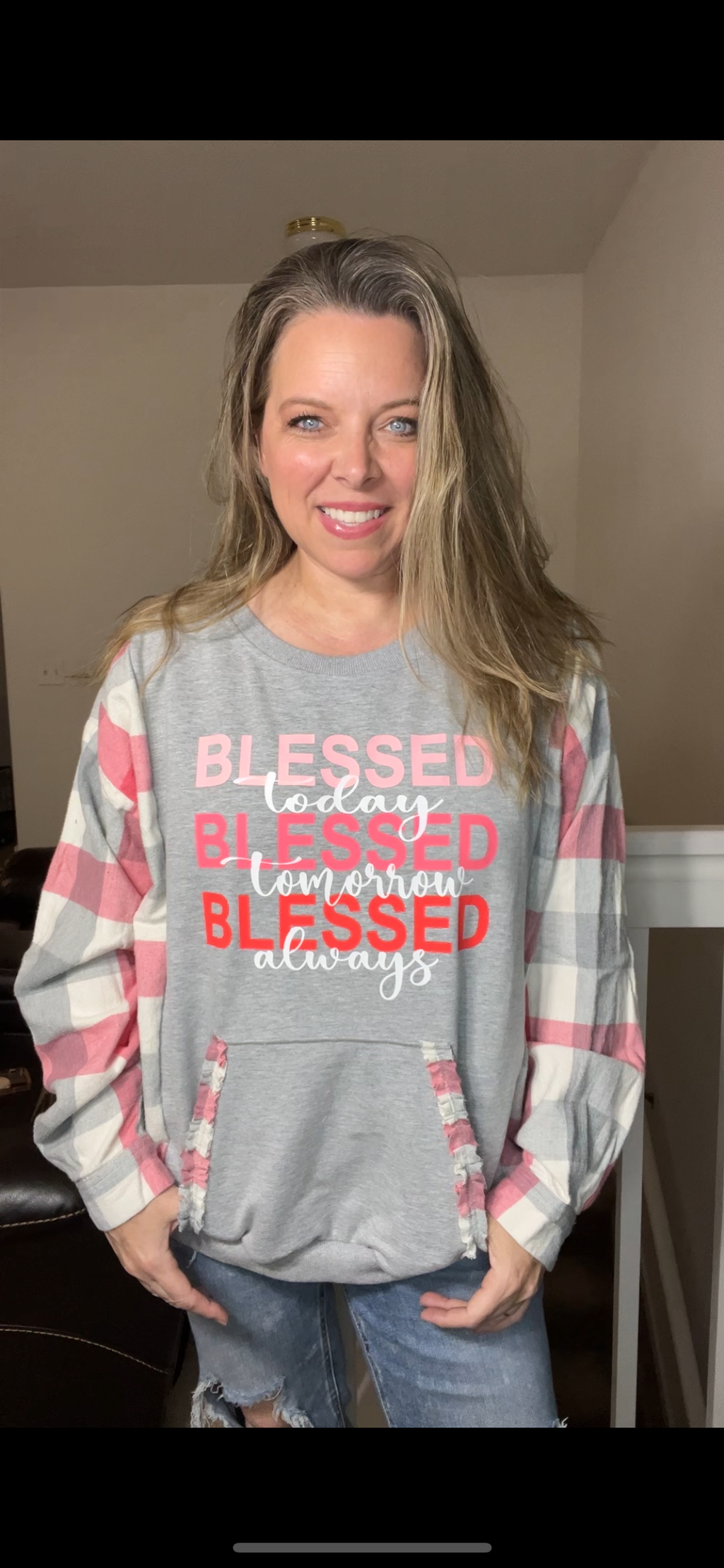 Upcycled Blessed – women’s 1X/2X midweight sweatshirt with flannel sleeves