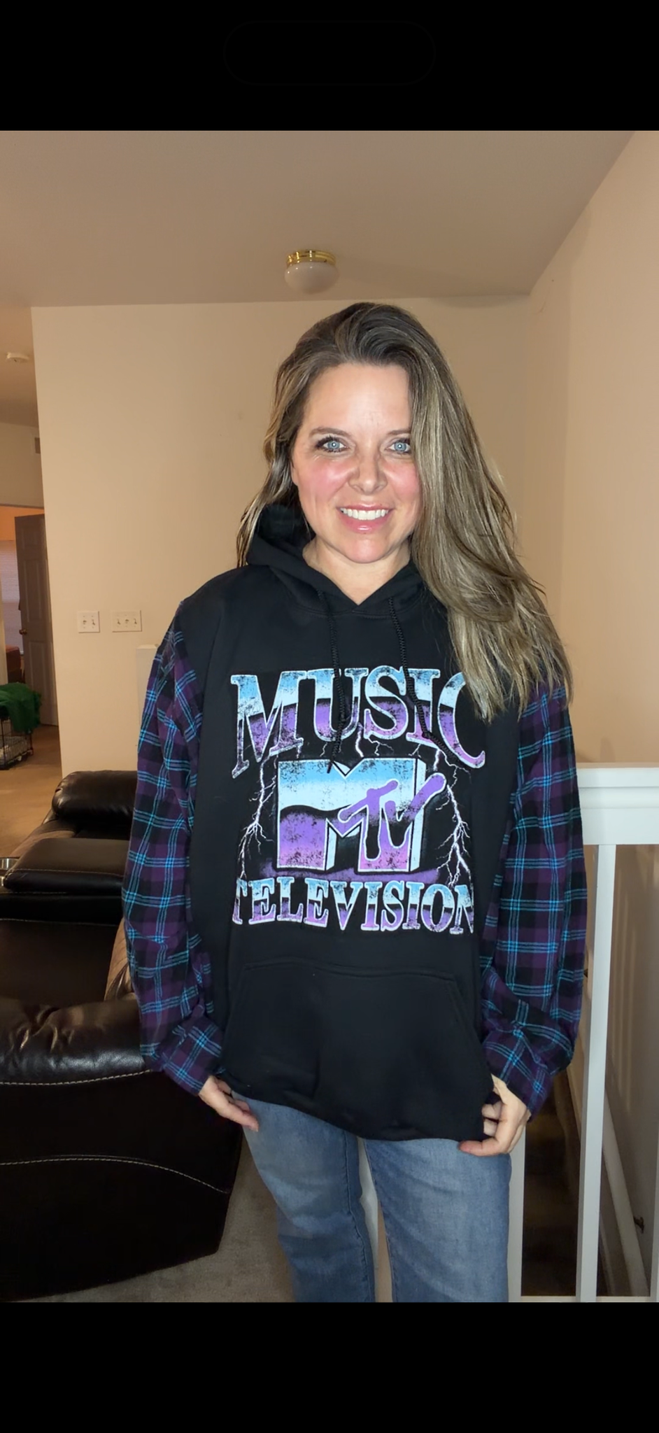 Upcycled MTV - women's 2X/3X midweight Sweatshirt with flannel sleeves