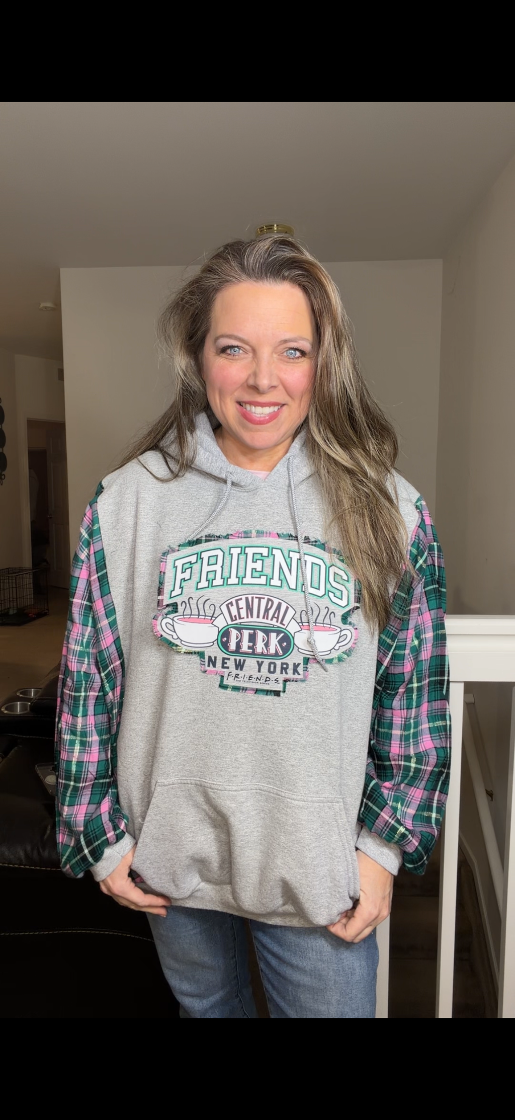 Upcycled Friends - women's 2X midweight sweatshirt with thin flannel sleeves