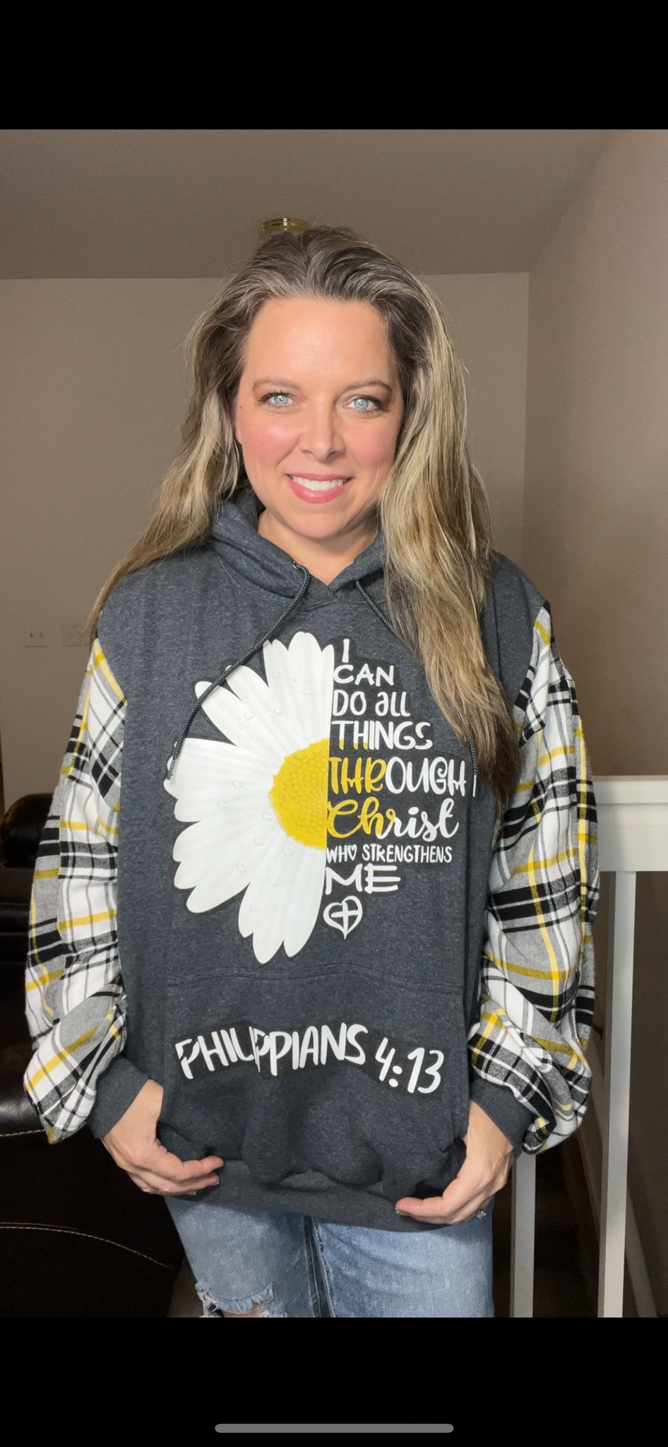 Upcycled Sunflower – women’s 2X/3X – midweight sweatshirt with flannel sleeves