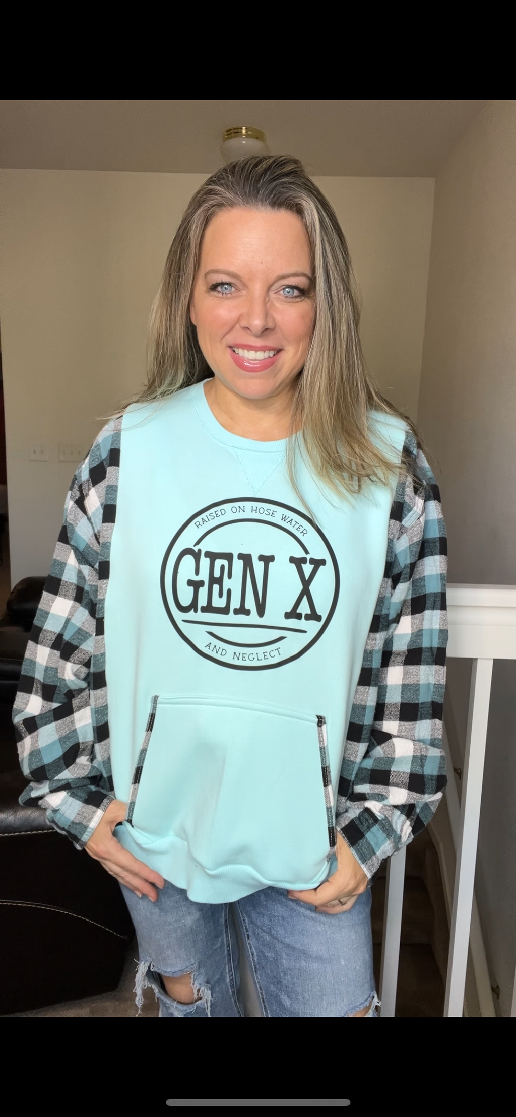 Upcycled Gen X blue – women’s XL/OneX midweight sweatshirt with flannel sleeves