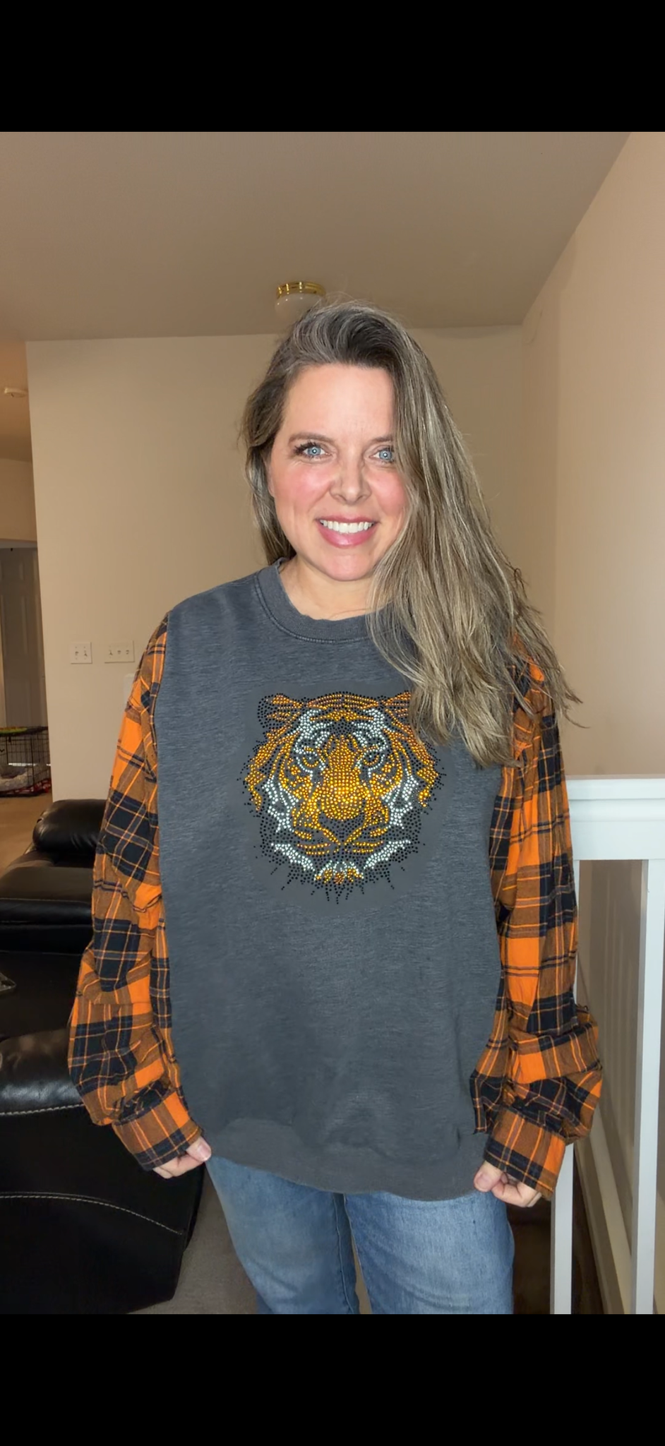 Upcycled Tiger - women's 1X midweight sweatshirt with flannel sleeves ￼