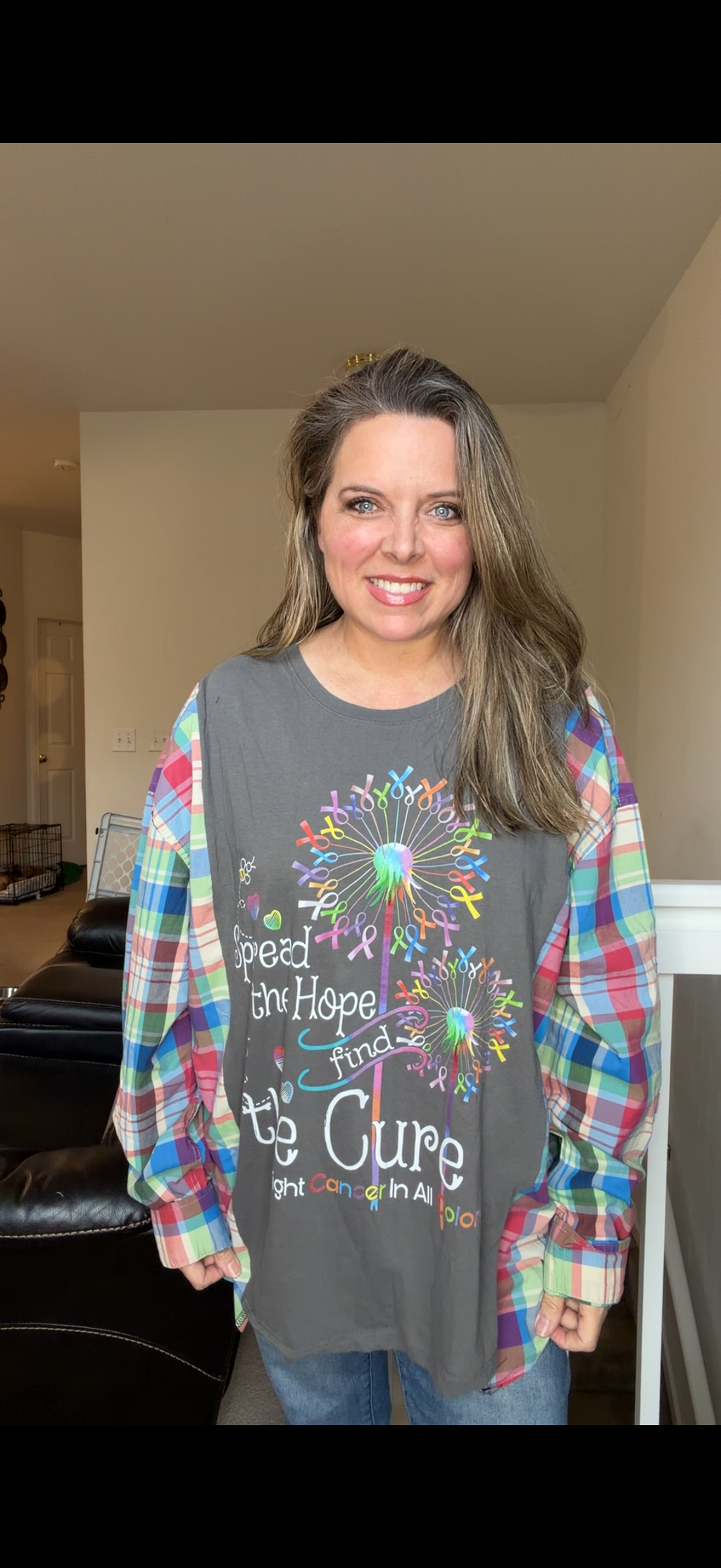 Upcycled Cancer Awareness- women's 2X/3X T-shirt with cotton sleeves
