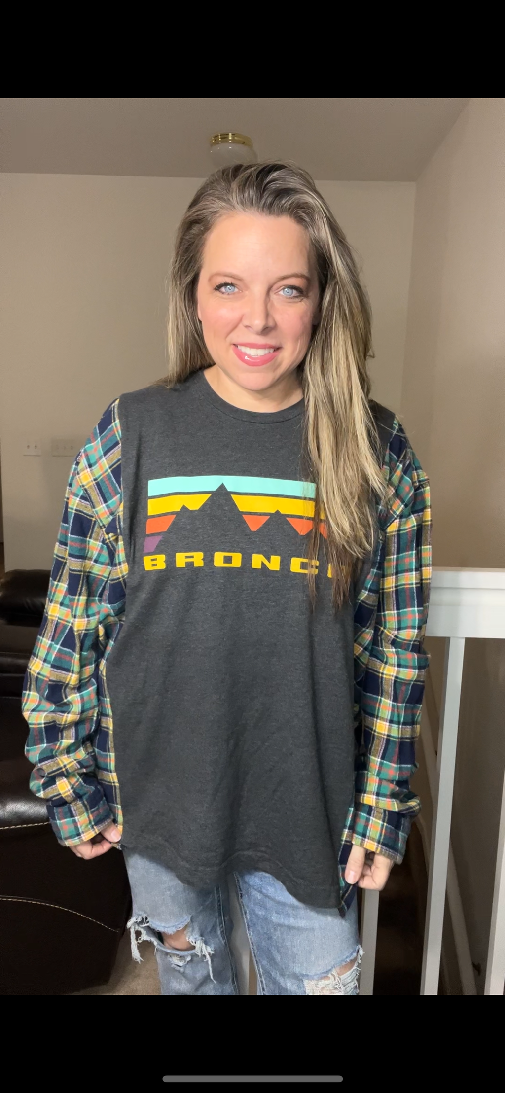 Upcycled Bronco – women’s 2X/3X T-shirt with flannel sleeves