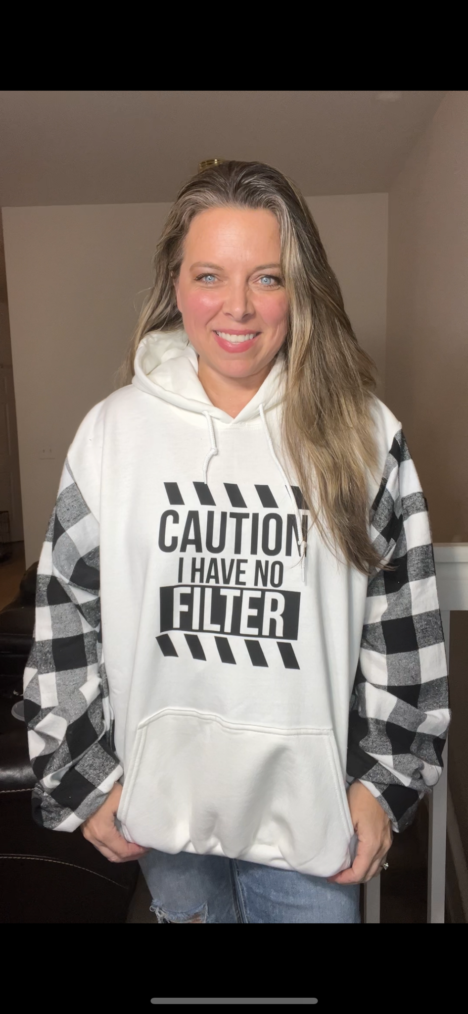 Upcycled No Filter – women’s 3X – midweight sweatshirt with flannel sleeves