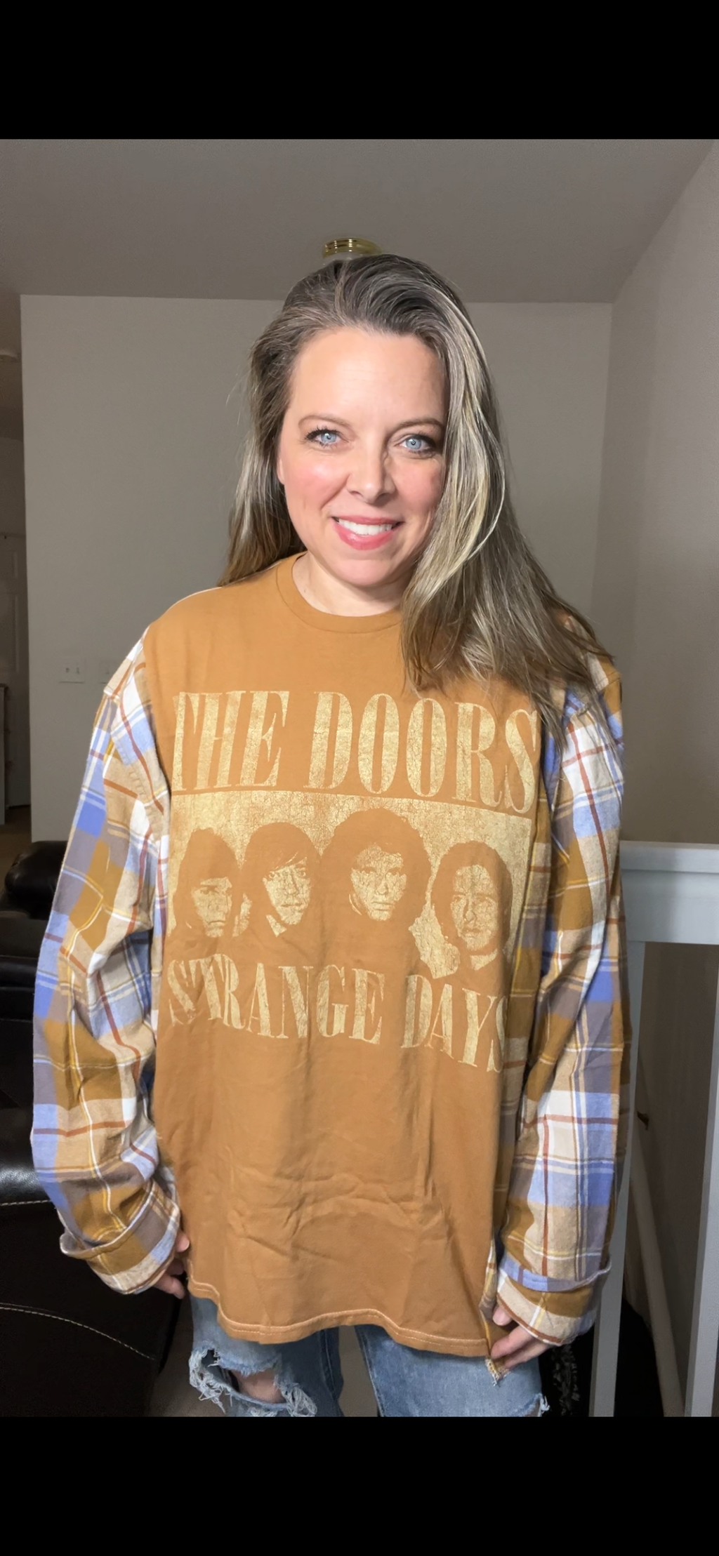 Upcycled Doors – women’s 2X T-shirt with flannel sleeves