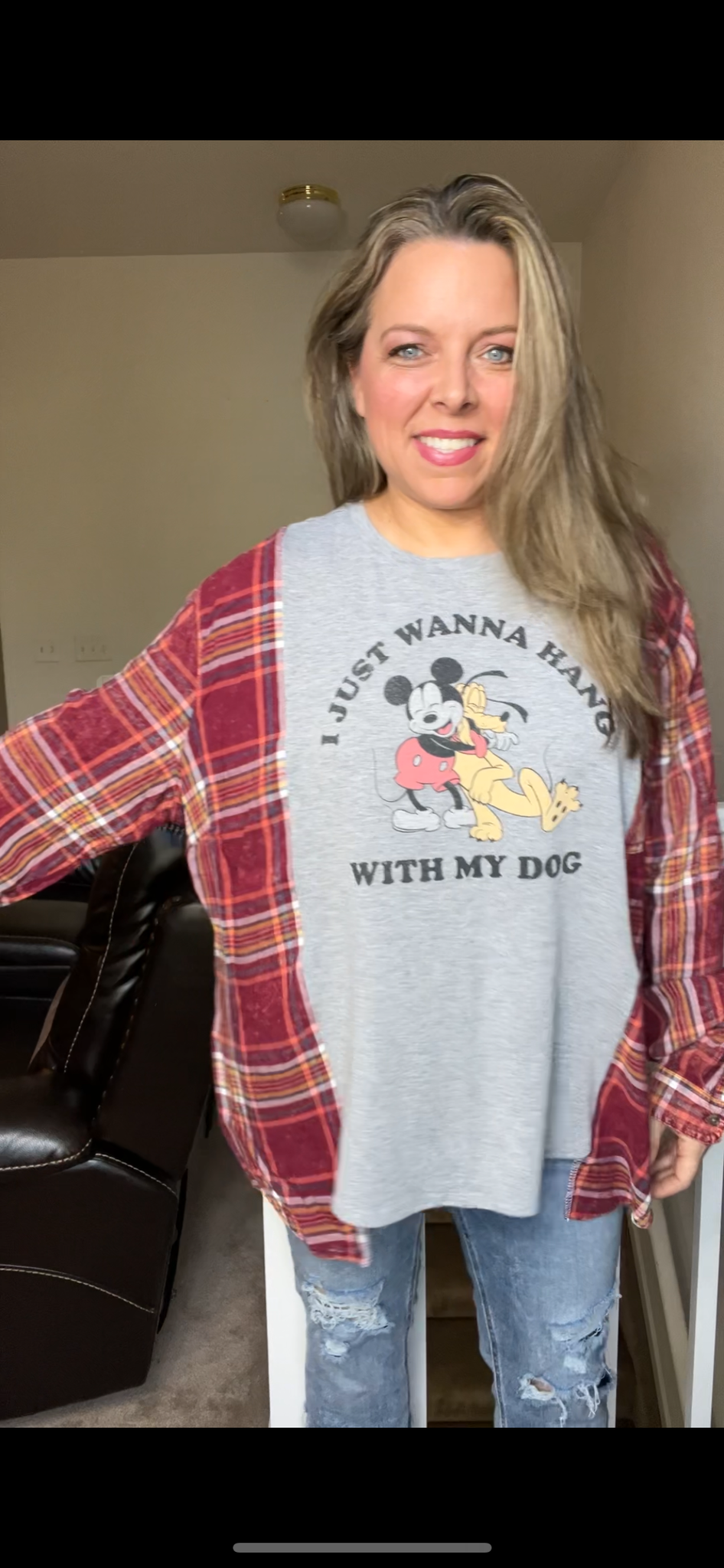 Upcycled Mickey Dog – women’s XL/1X T-shirt with thin flannel sleeves￼