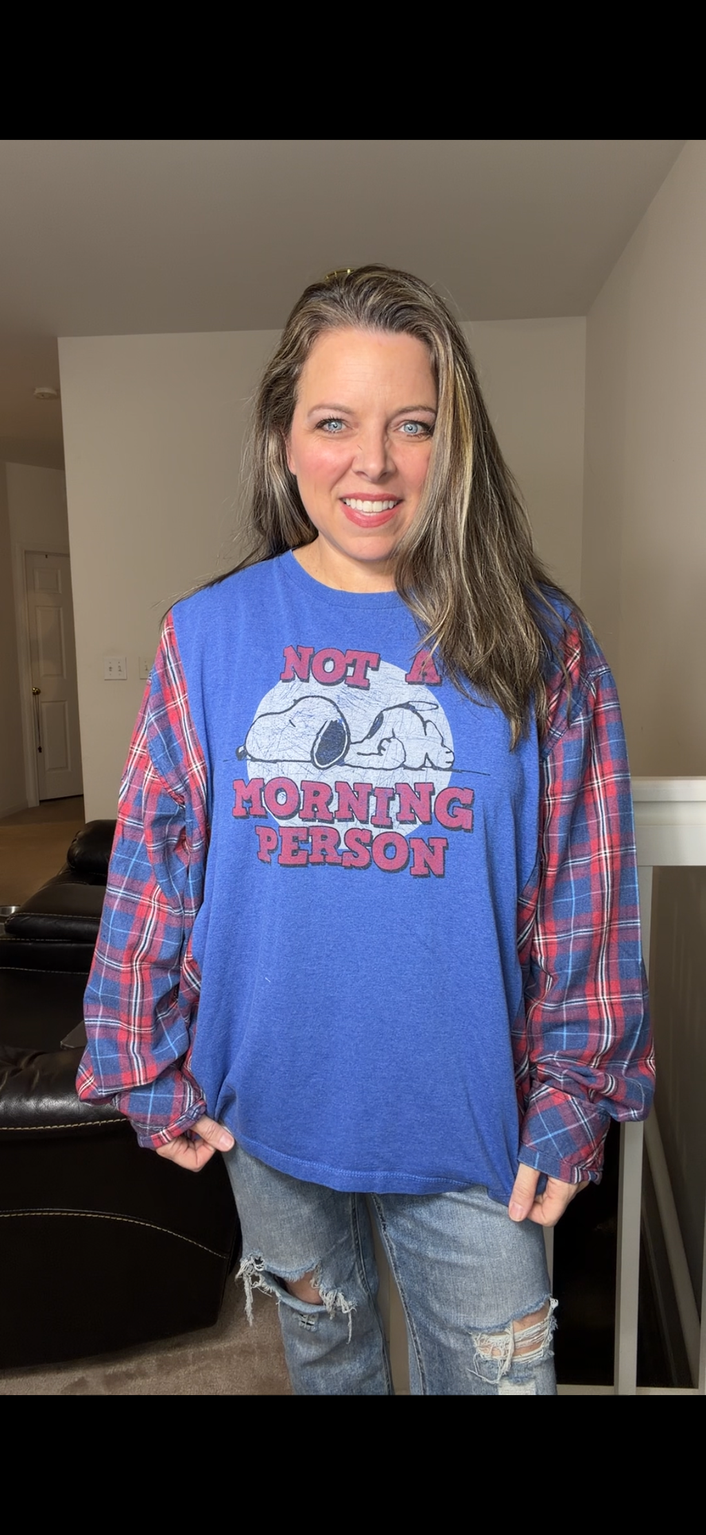 Upcycled Snoopy Mornings - women's 3X T-shirt with flannel sleeves