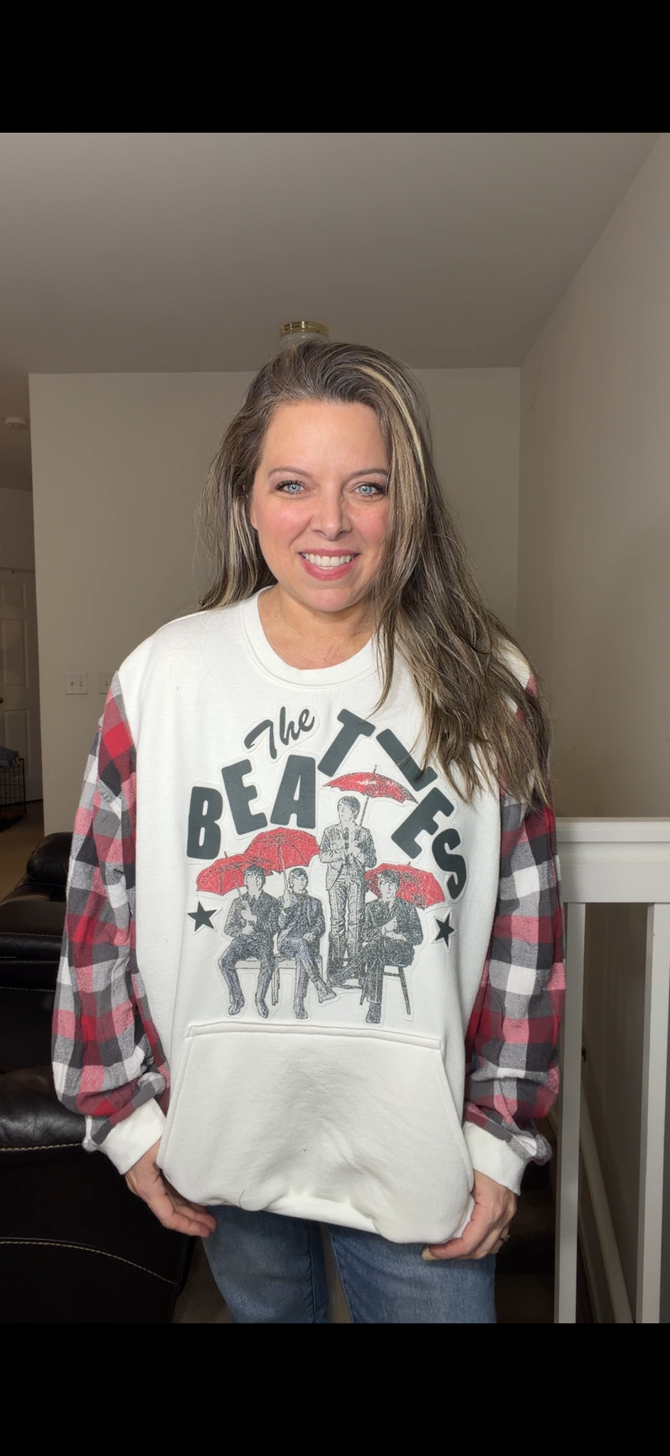 Upcycled Beatles - women's 2X/3X midweight sweatshirt with flannel sleeves