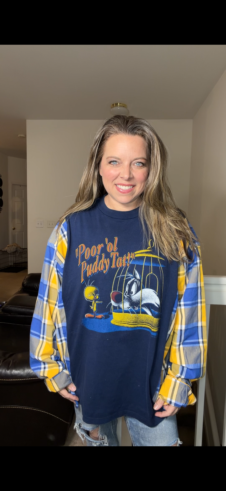 Upcycled Puddy Tat - Women’s 2X long T-shirt with cotton sleeves