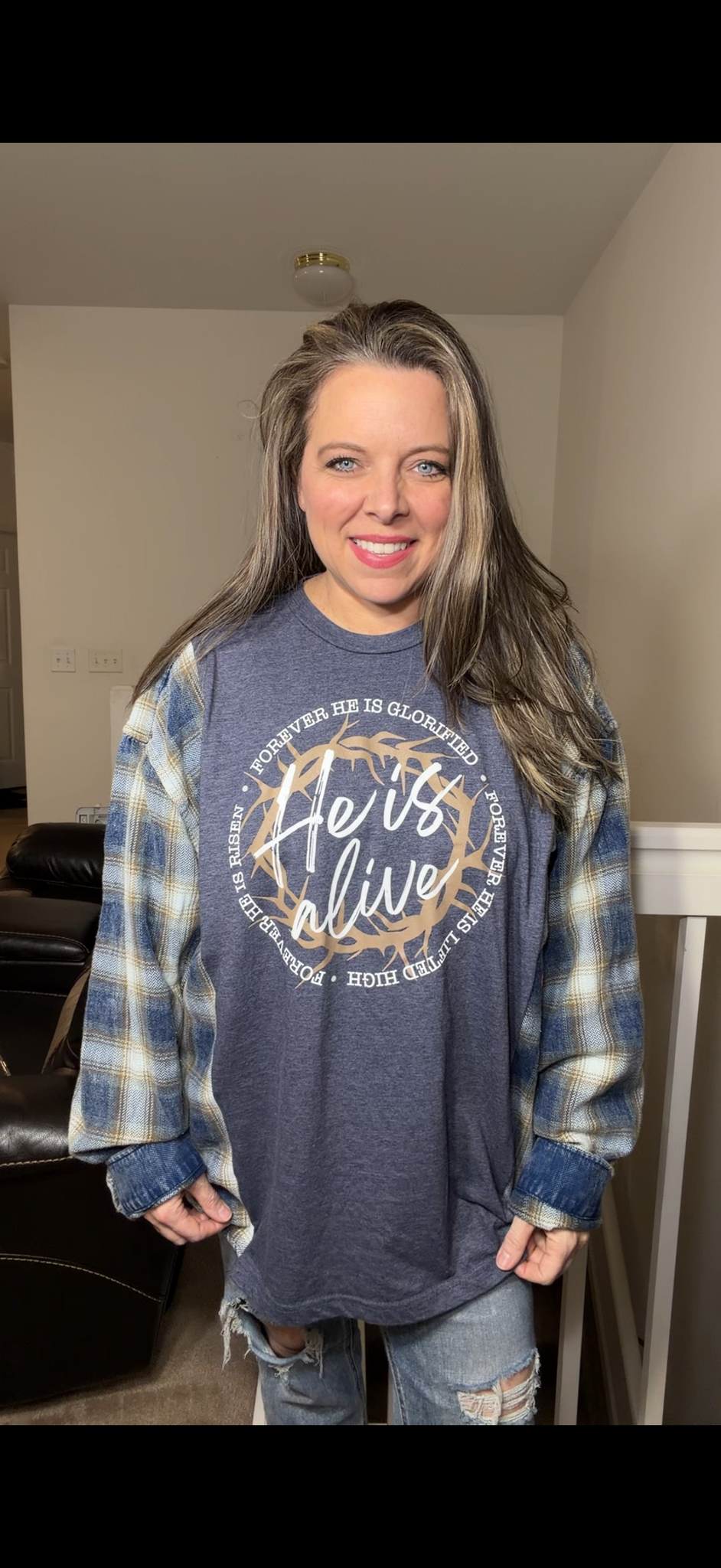 Upcycled He's Alive – women's 3X T-shirt with flannel sleeves