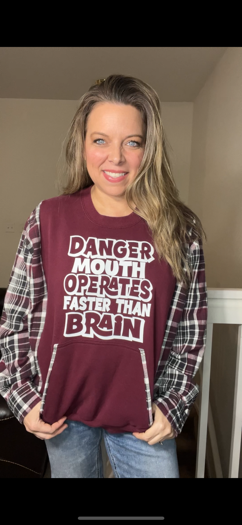 Upcycled Mouth – women’s XL midweight sweatshirt with flannel sleeves