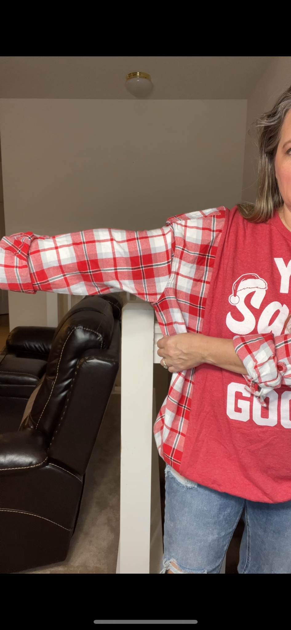 Upcycled Yo Santa - woman’s 2X - Tshirt with flannel sleeves