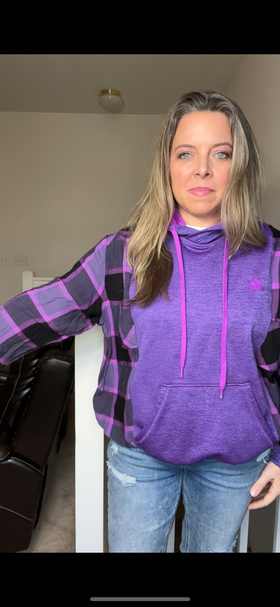 Upcycled Purple Adidas – women’s small – midweight sweatshirt with flannel sleeves – tighter bottom band￼