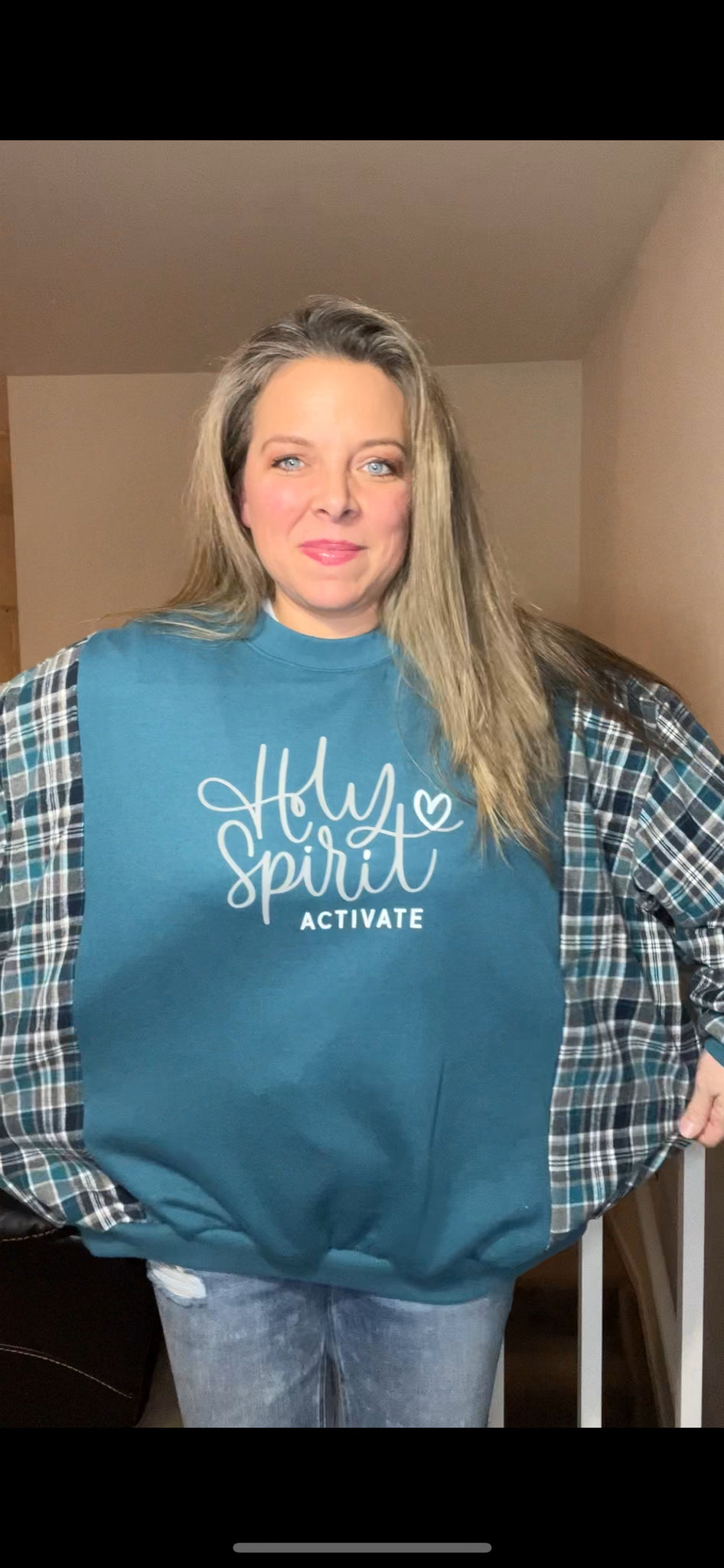 Upcycled Holy Spirit – woman’s 1X/2X – midweight sweatshirt with flannel sleeves ￼
