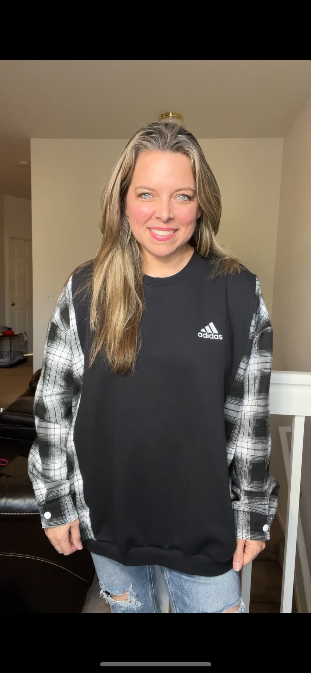 Upcycled Black Adidas – women’s 1X – midweight sweatshirt with flannel sleeves￼