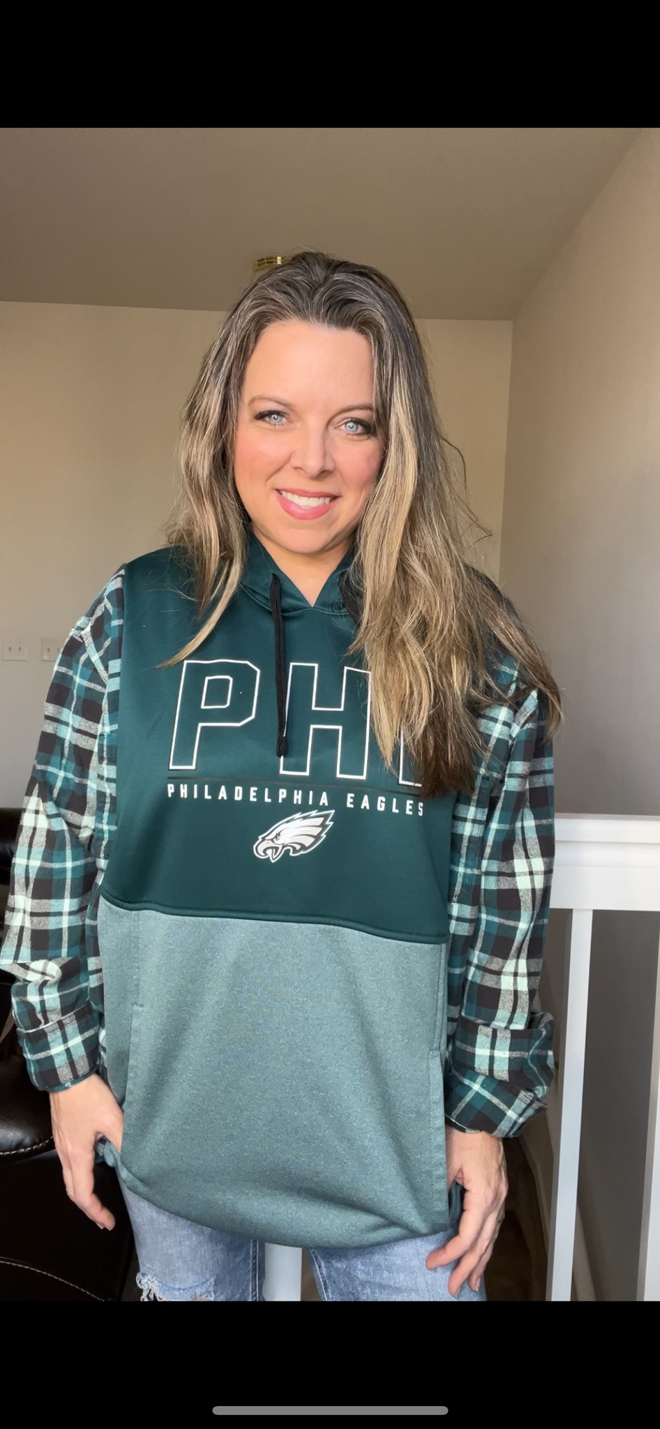 Upcycled Eagles – women’s 2X long – midweight sweatshirt with flannel sleeves – sleeves more narrow