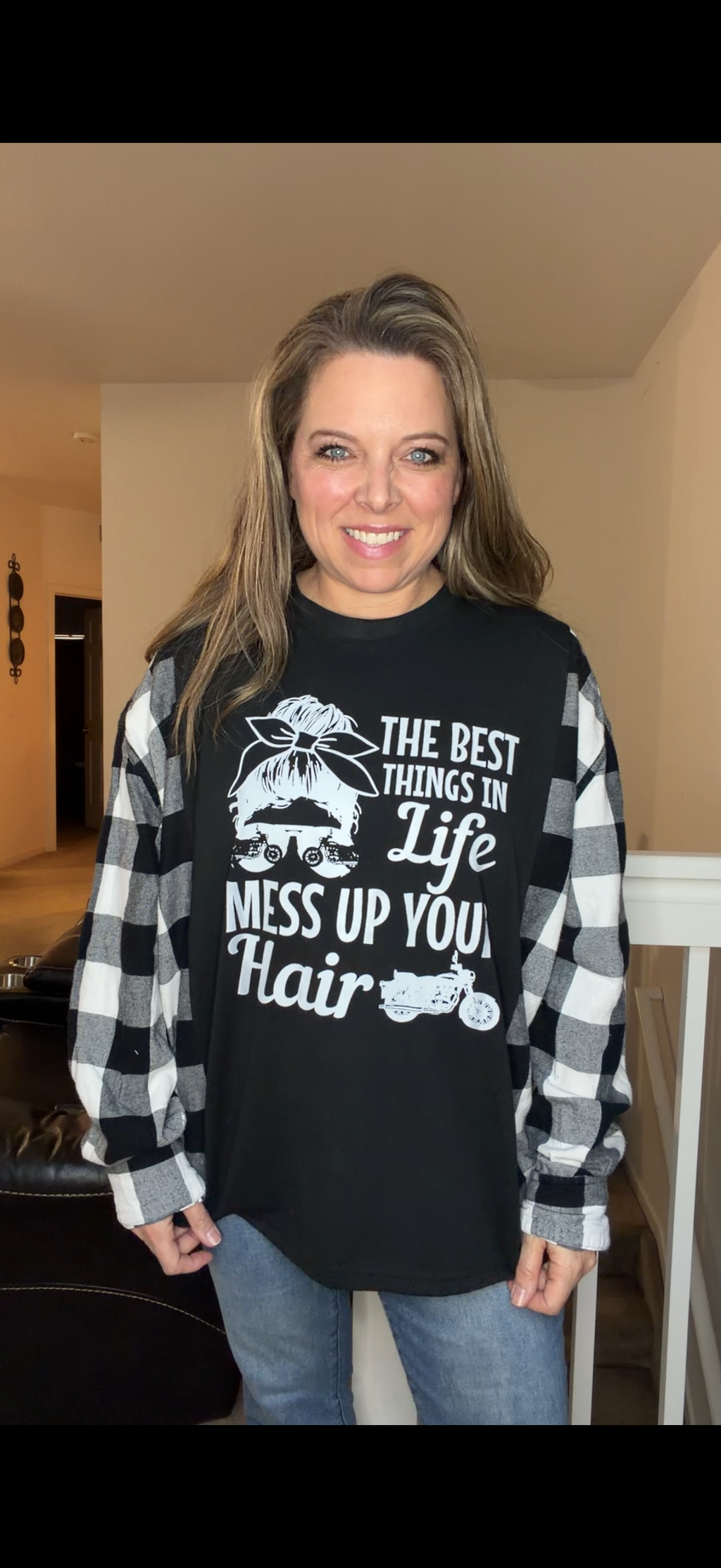 Upcycled Hair - women's medium/large T-shirt with flannel sleeves
