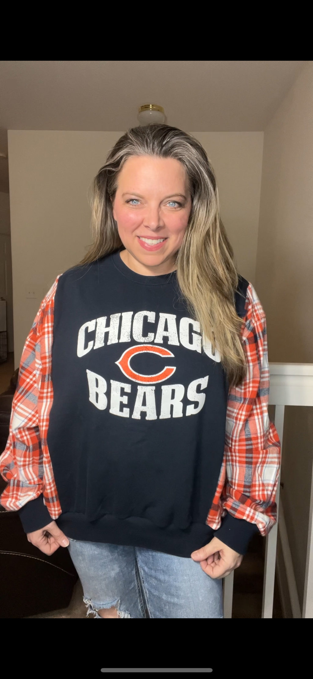 Upcycled Chicago Bears – women’s large/XL midweight sweatshirt with flannel sleeves