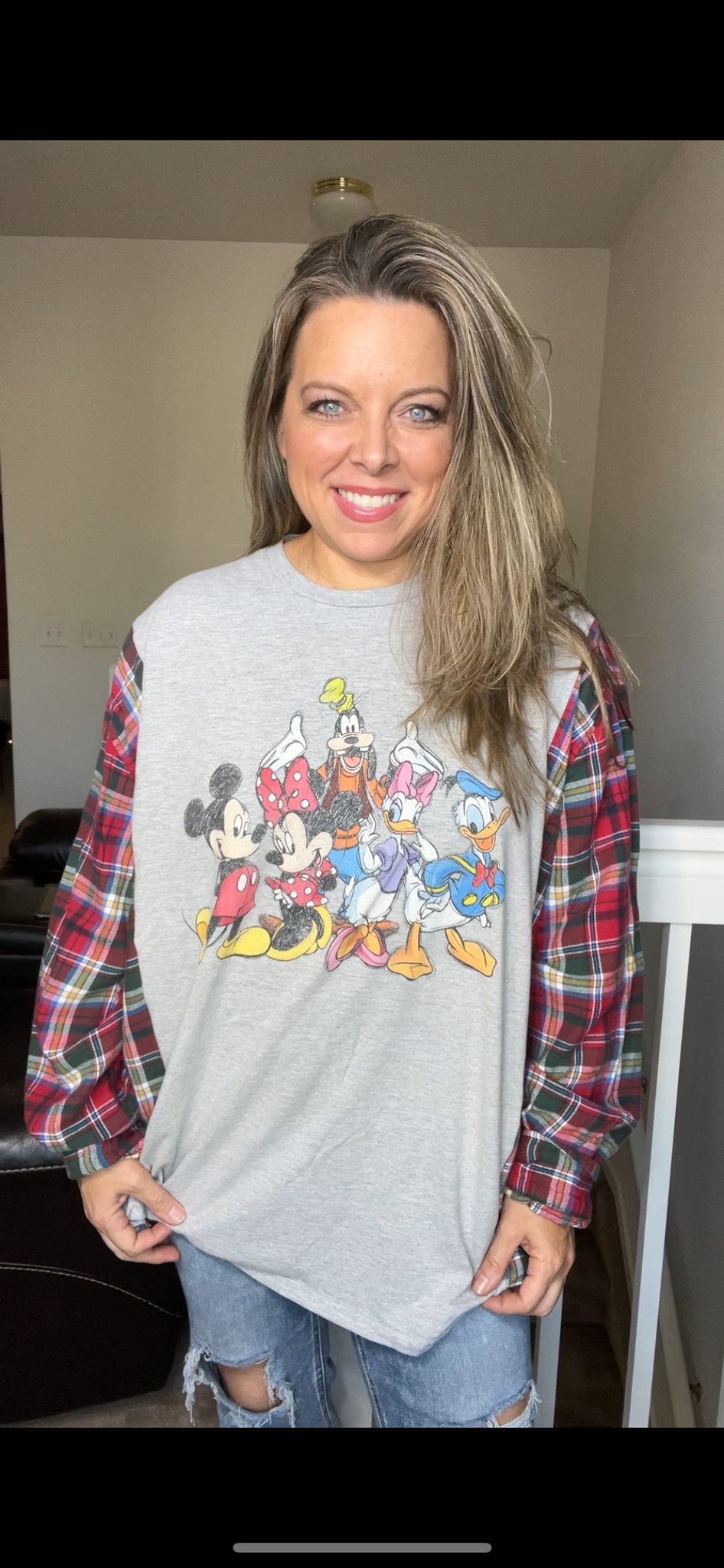 Upcycled Disney – women’s 4X T-shirt with flannel sleeves