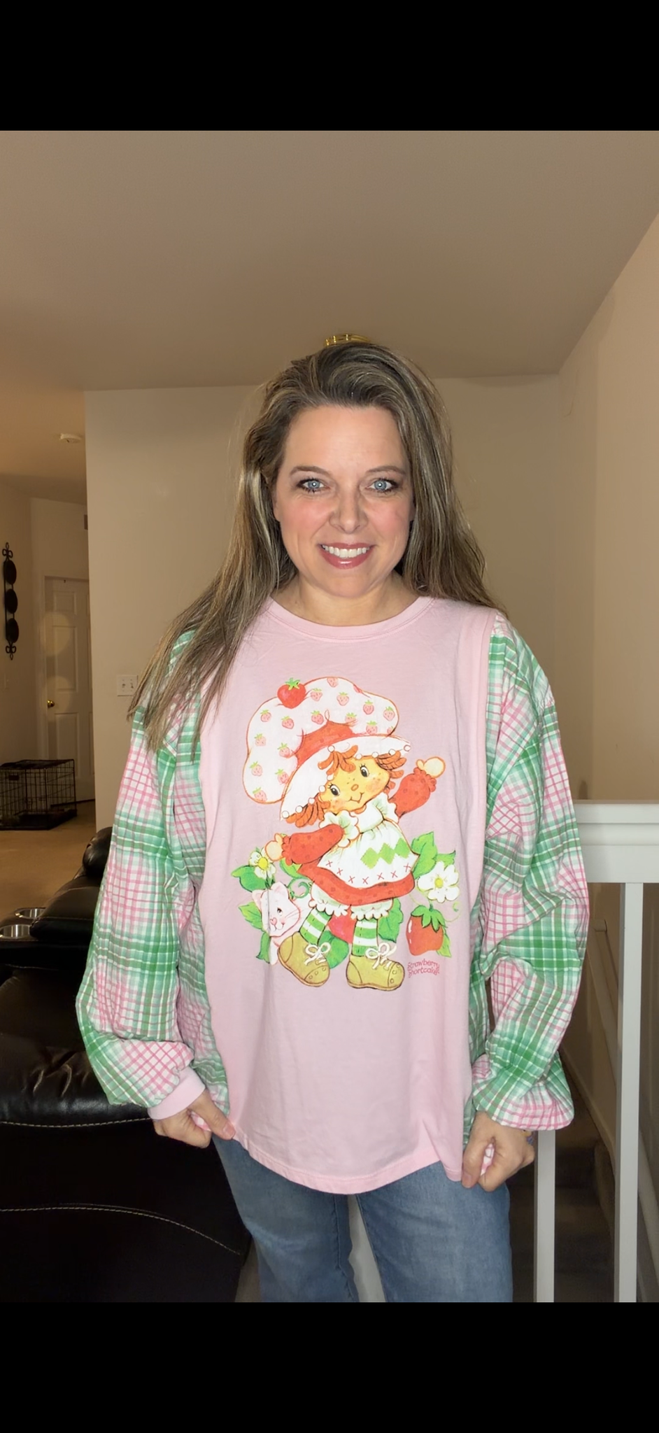 Upcycled Strawberry Shortcake - women's XL T-shirt, with cotton sleeves