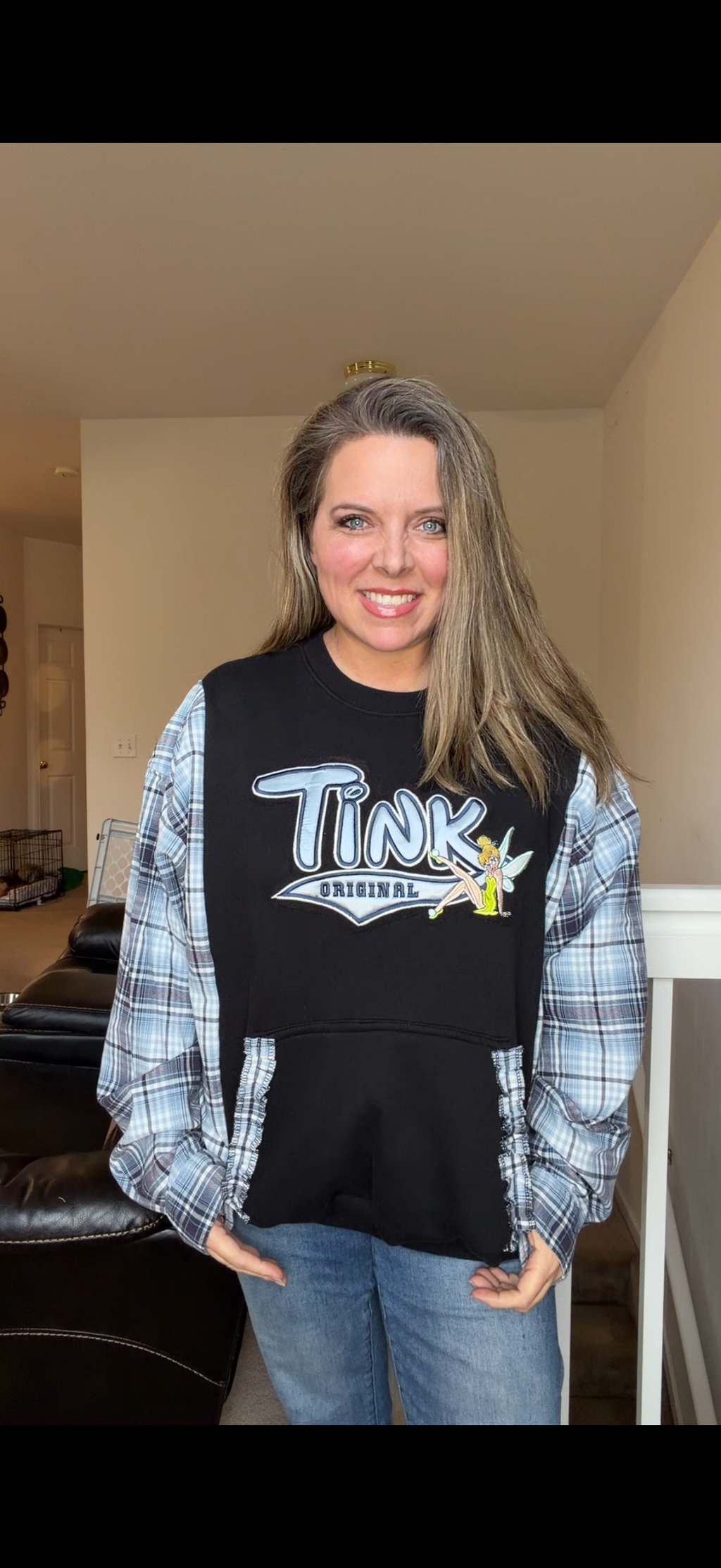 Upcycled Tink - women's large/XL midweight sweatshirt with flannel sleeves