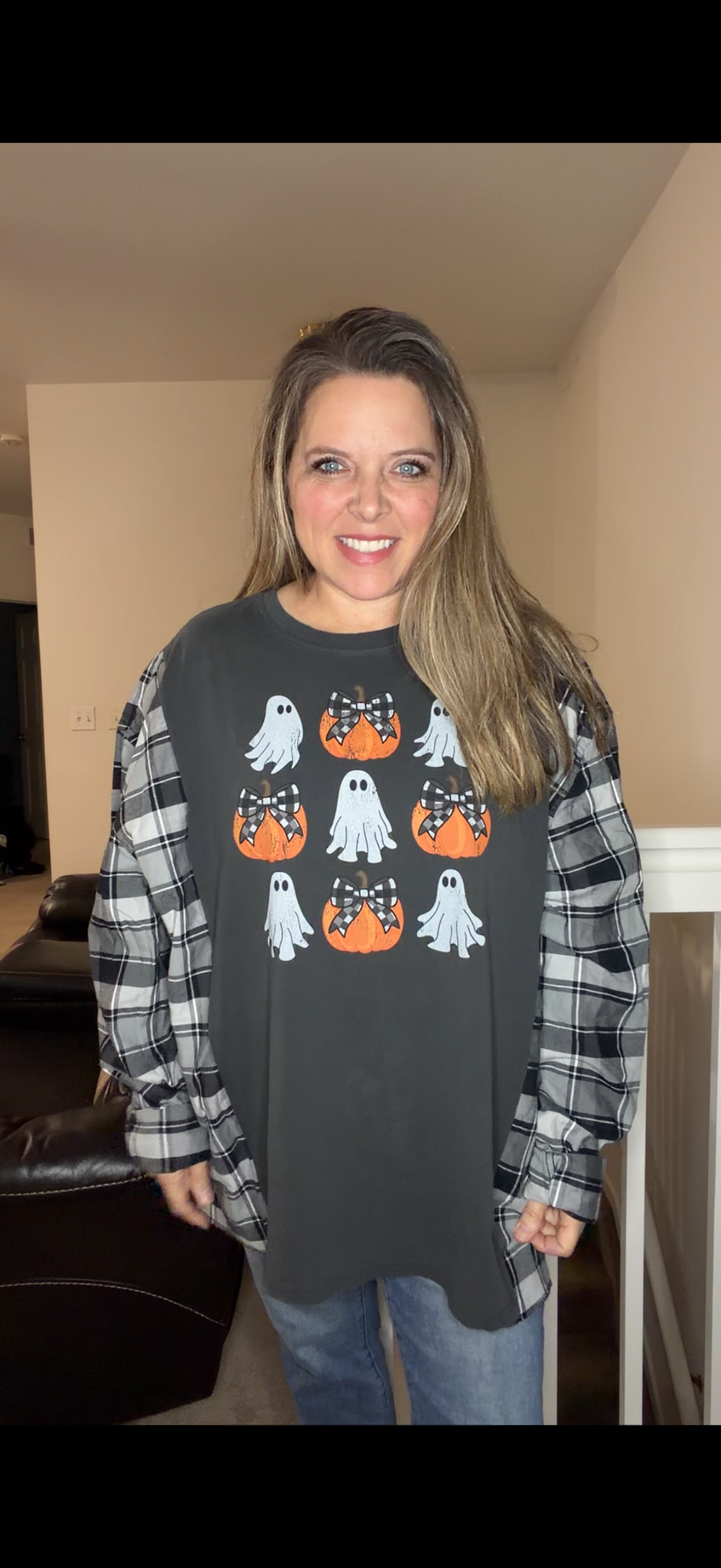 Upcycled Ghosts - women's 4X/5X T-shirt with flannel sleeves