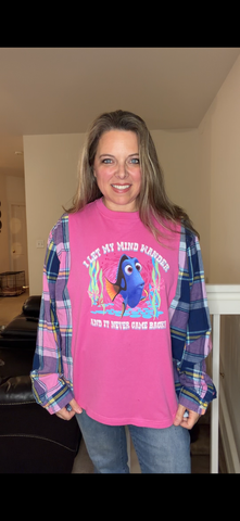 Upcycled Dory - women's large T-shirt with thin flannel sleeves
