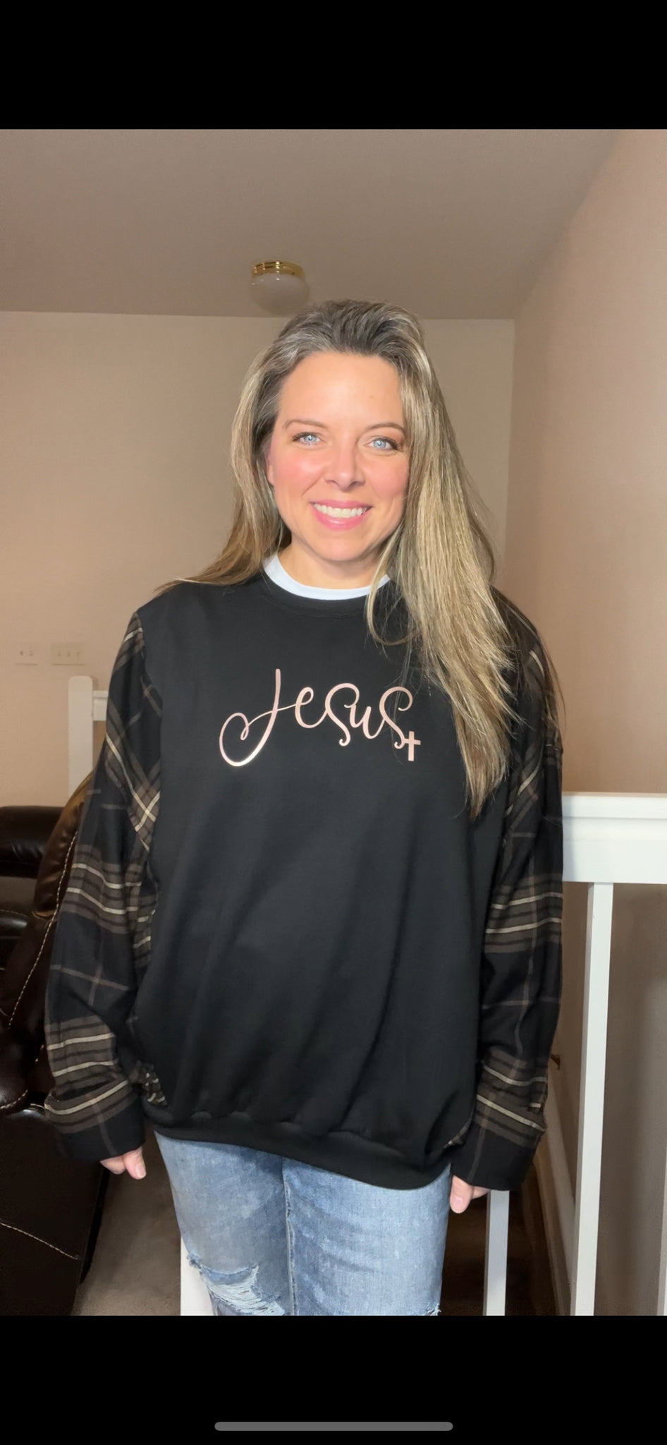 Jesus - woman’s XL/1X - midweight sweatshirt with flannel sleeves ￼