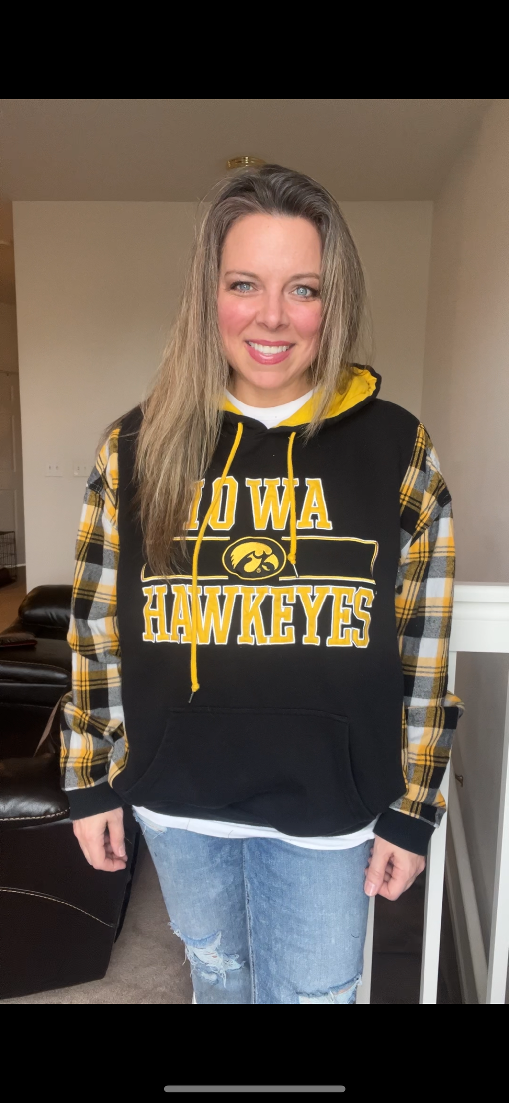 Upcycled Hawkeyes – women’s L/XL - soft, thick sweatshirt with flannel sleeves￼