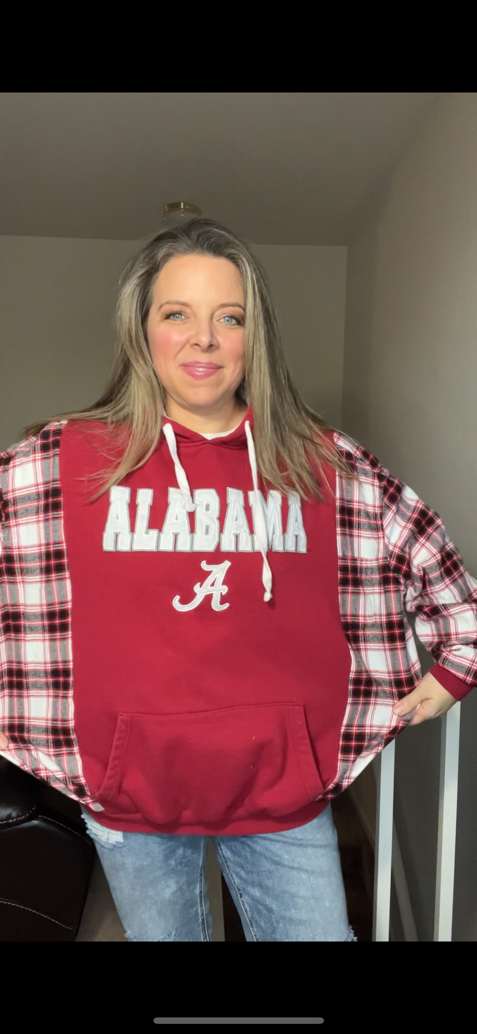 Upcycled Alabama - Woman’s XL – midweight sweatshirt with flannel sleeves￼