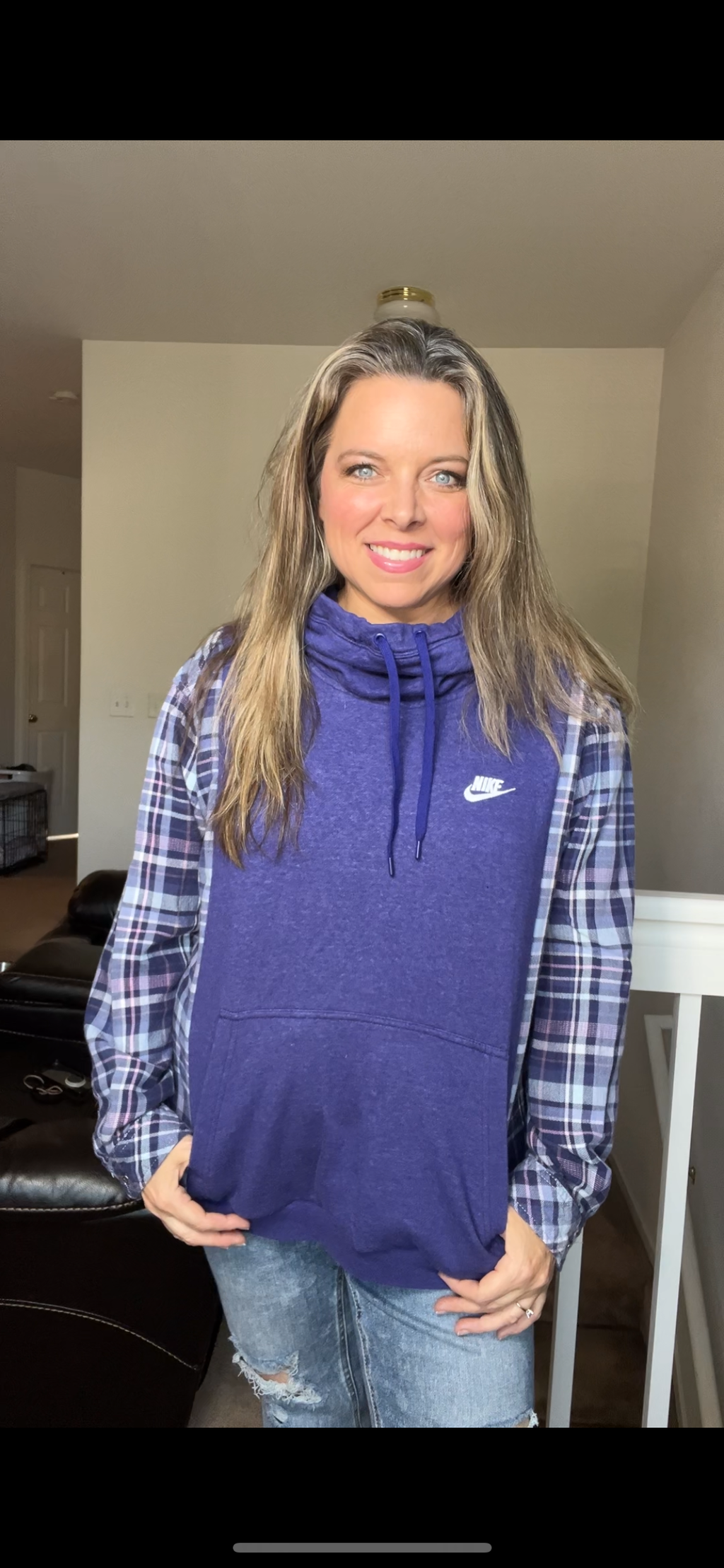 Upcycled Nike purple – women's large – midweight sweatshirt with flannel sleeves ￼