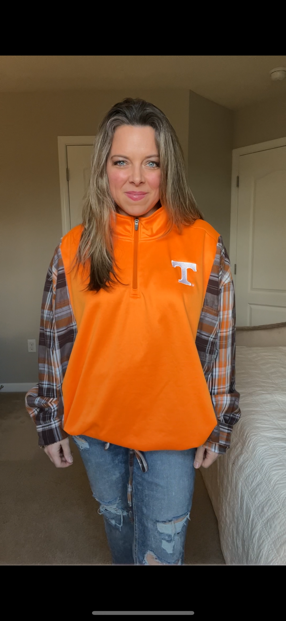 Upcycled Tennessee – women’s 2X/3X – midweight sweatshirt with flannel sleeves drawstring bottom ￼