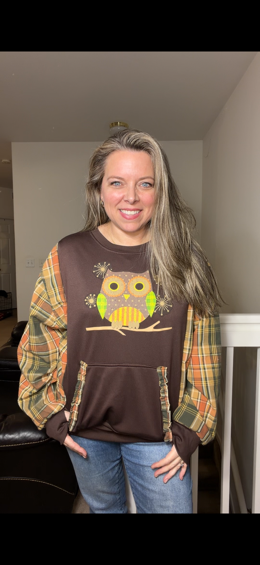 Upcycled Owl – women's medium/large French Terry sweatshirt with thin flannel sleeves