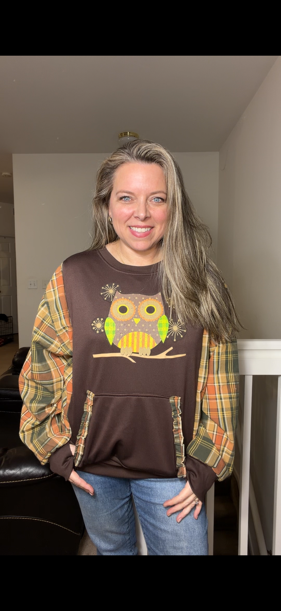 Upcycled Owl – women's medium/large French Terry sweatshirt with thin flannel sleeves