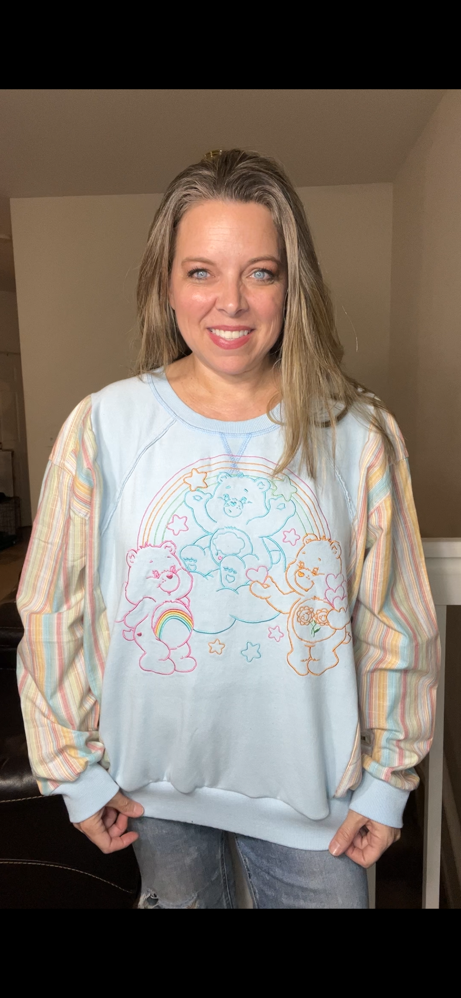 Upcycled Carebear – women’s 1X midweight sweatshirt with flannel sleeves