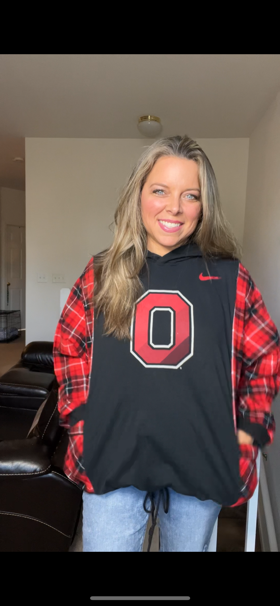 Upcycled Ohio – women’s 1X T-shirt with thin flannel sleeves￼