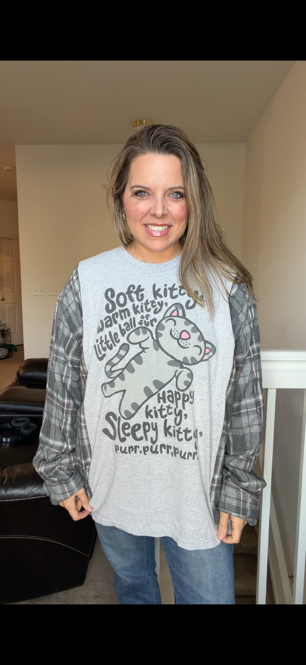 Upcycled Kitty - women's 4X T-shirt with flannel sleeves