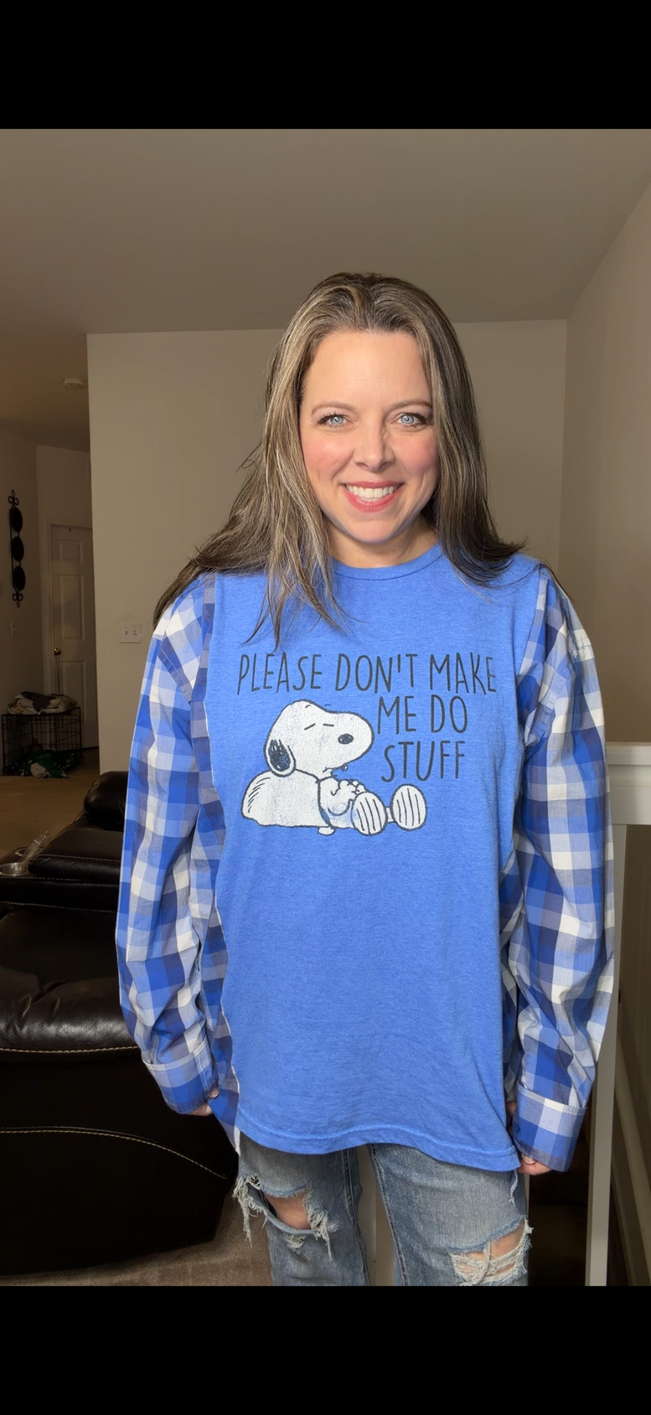 Upcycled Snoopy – women's large/XL long T-shirt with cotton sleeves – sleeves more narrow