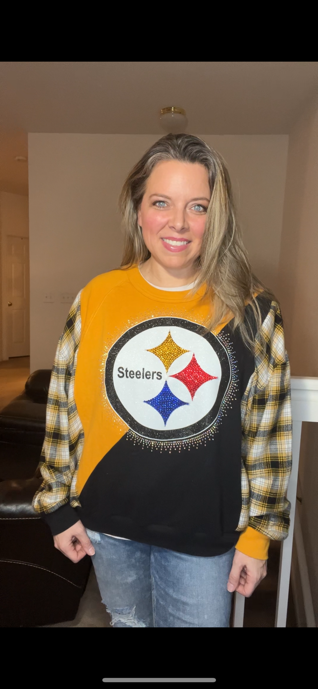 Upcycled Steelers - women’s medium - midweight sweatshirt with flannel sleeves