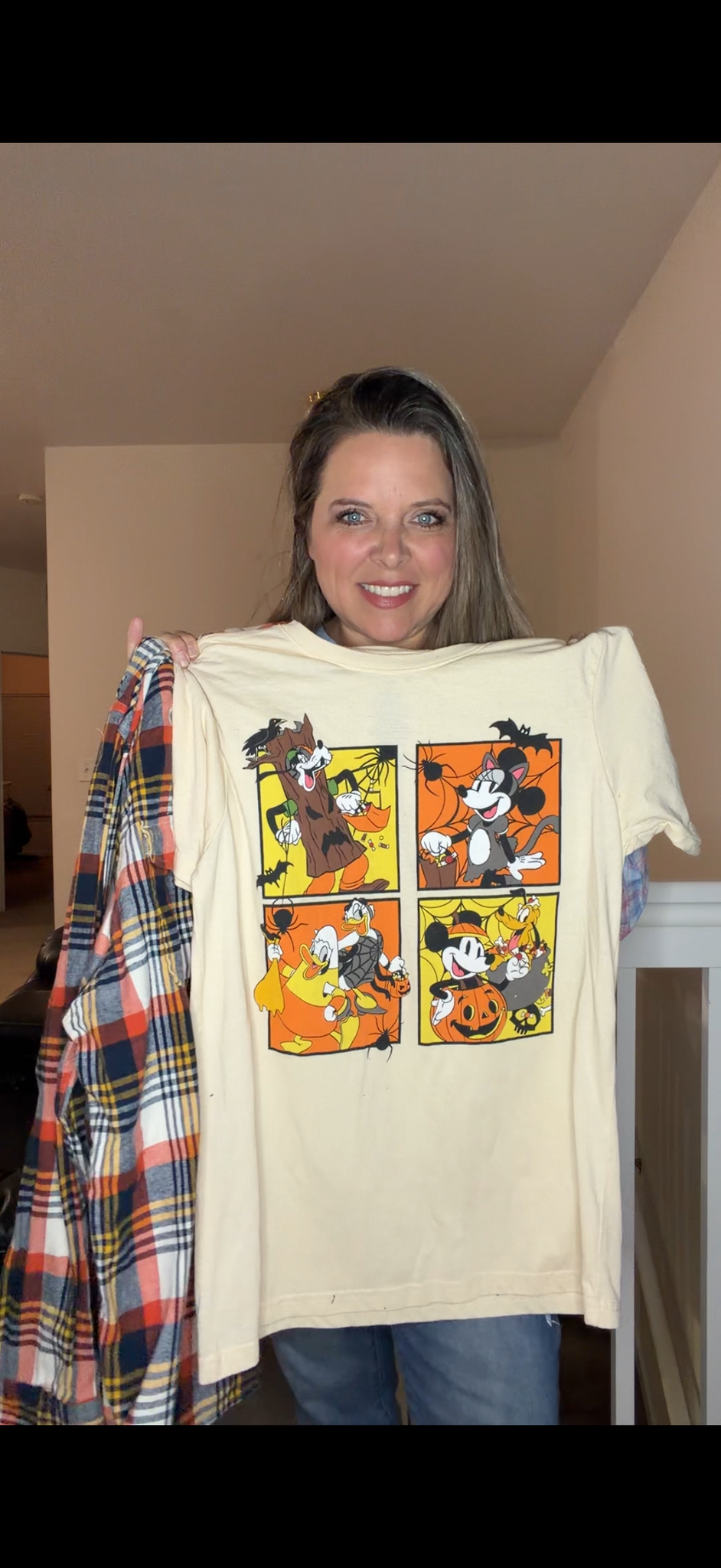 Upcycled Disney Halloween - pick size between XS – 1X – tshirt with flannel sleeves