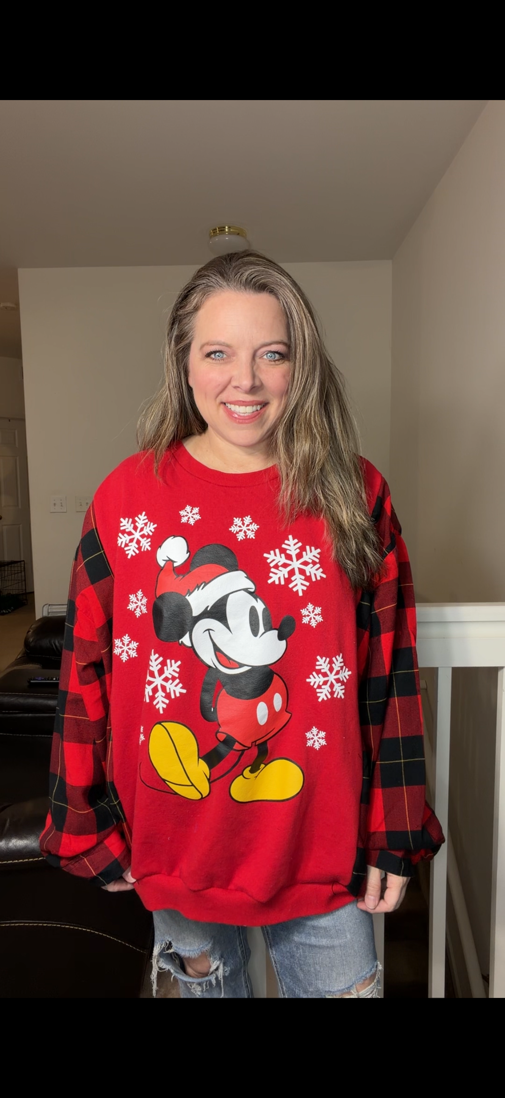 Upcycled Mickey - women's 3X/4X midweight sweatshirt with flannel sleeves ￼