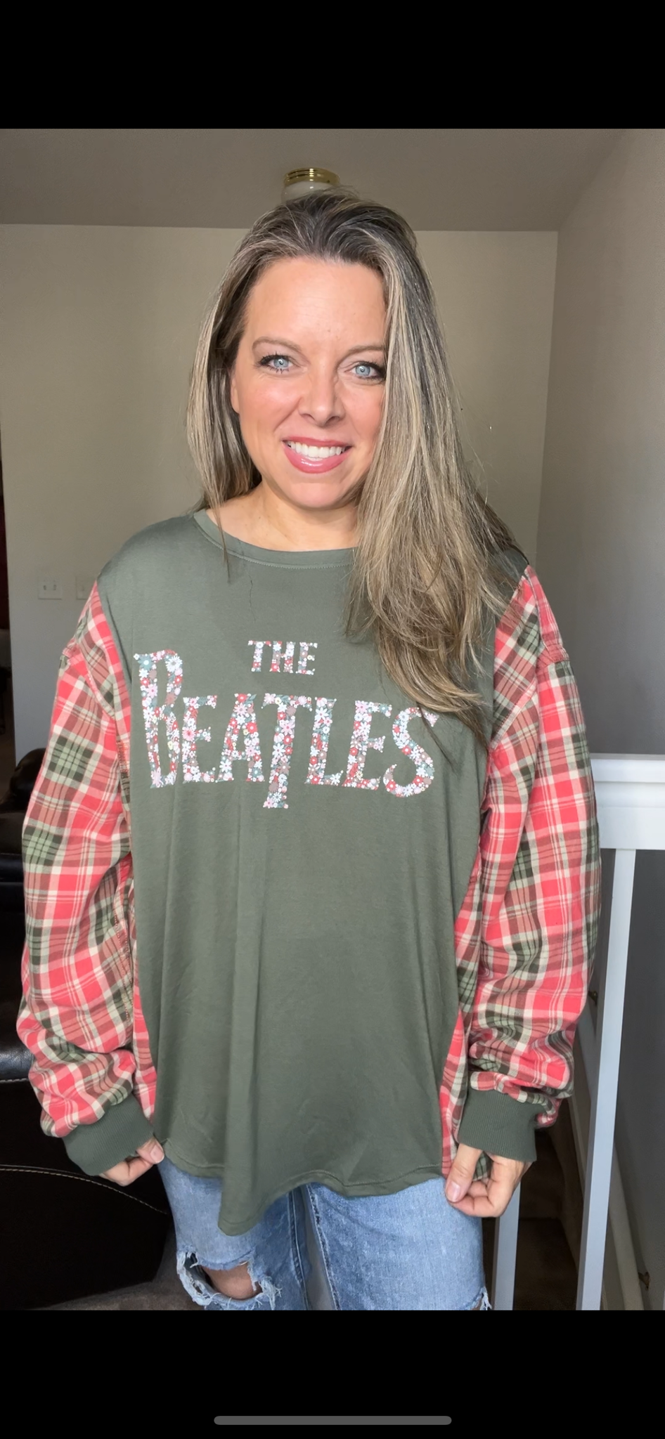 Upcycled Beatles – women’s 2X thin T-shirt with flannel sleeves