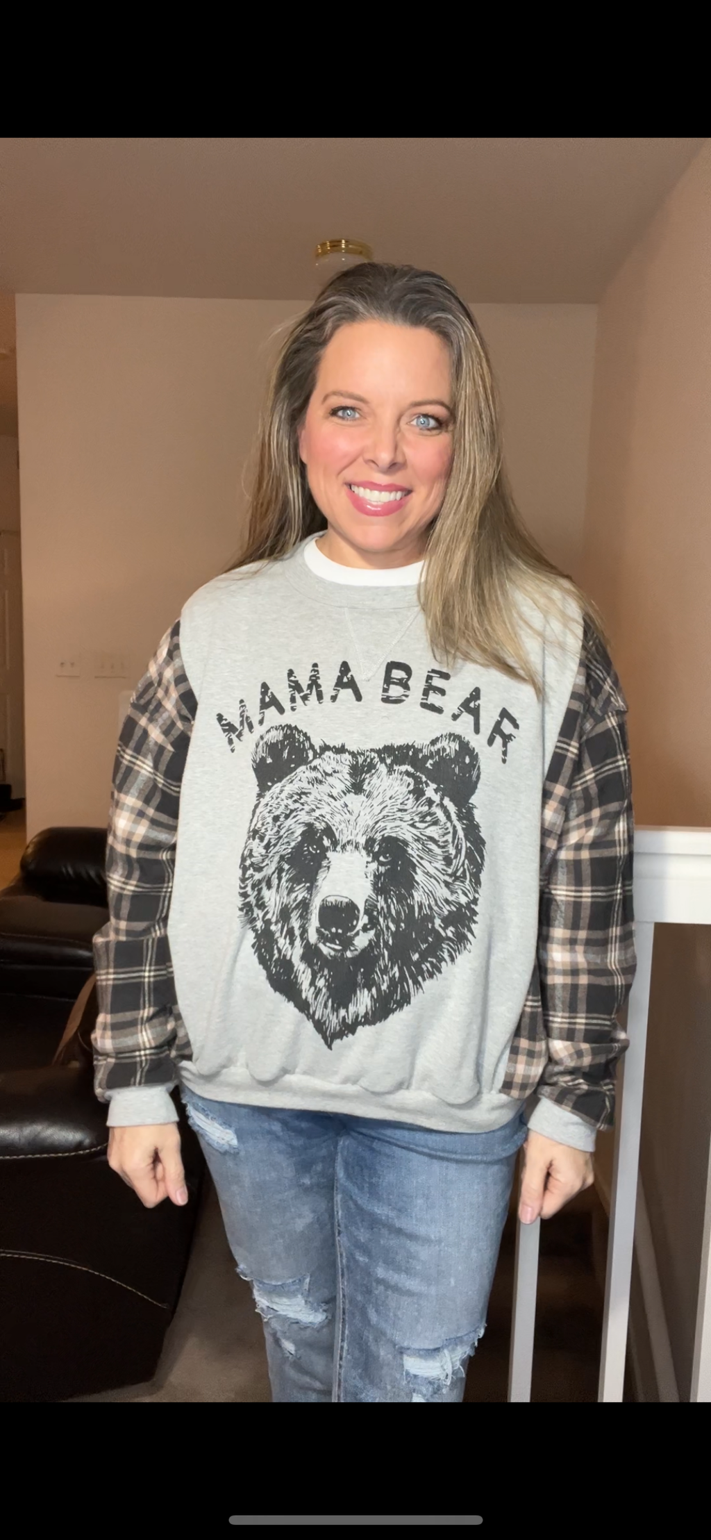 Upcycled Mama Bear – women’s medium – thin French terry sweatshirt with flannel sleeves￼