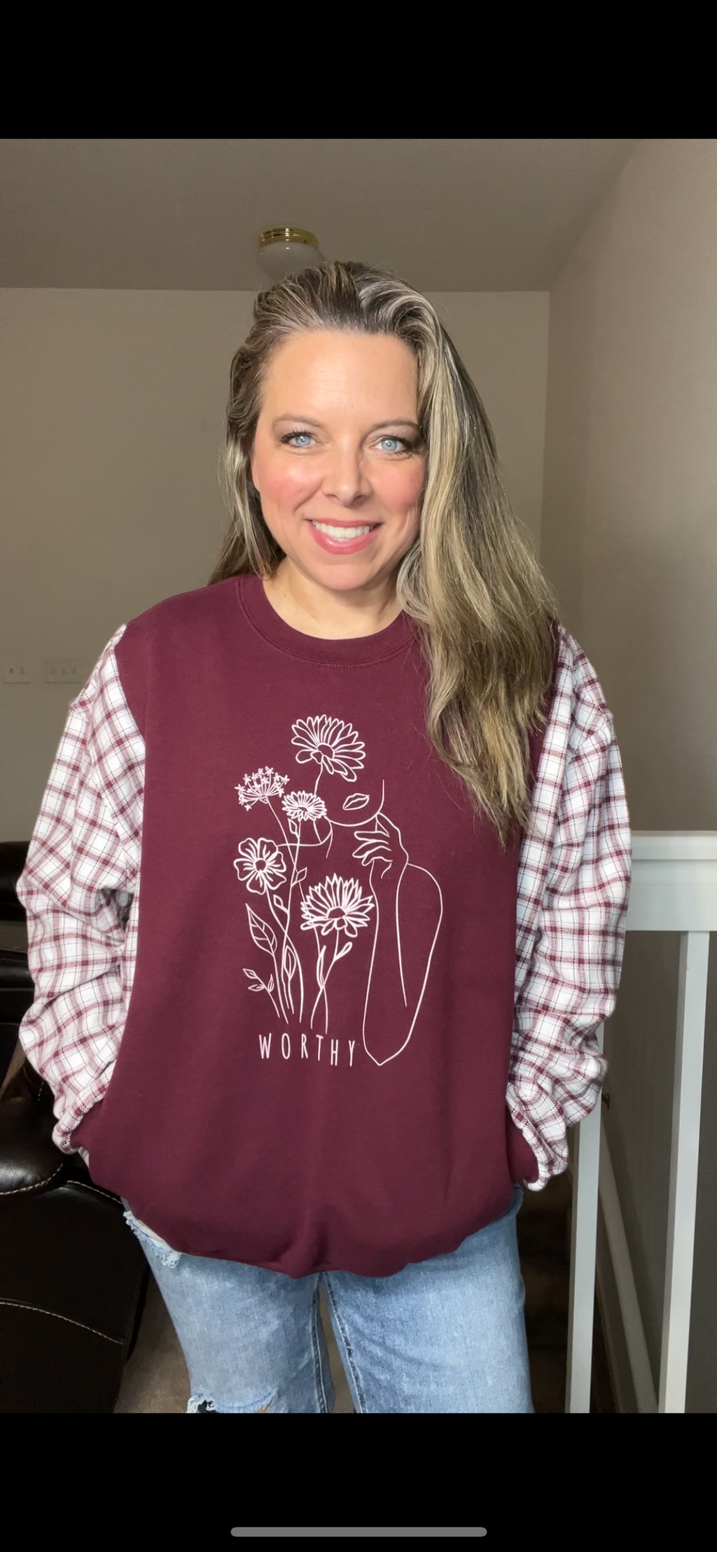 Upcycled Worthy – women’s large/XL midweight sweatshirt with flannel sleeves