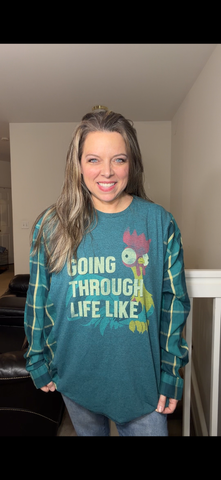 Upcycled Hei Hei - women's 3X midweight sweatshirt with thin flannel sleeves