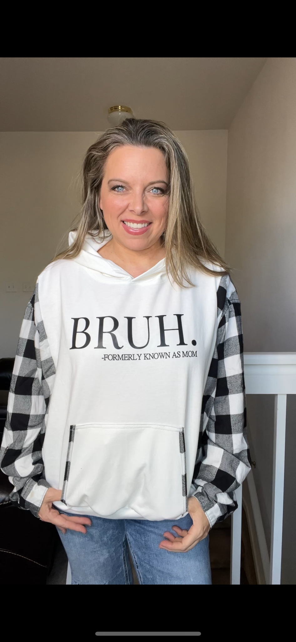 Upcycled Bruh - Women’s large French terry shirt with flannel sleeves